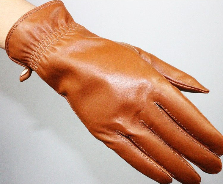 Women's Drawstring Leather Gloves – Soft Lambskin-Khaki-Free Shipping Leatheretro