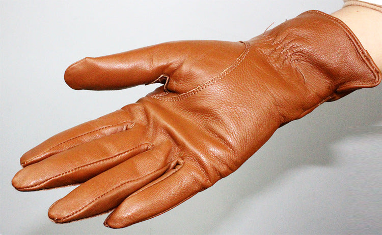 Women's Drawstring Leather Gloves – Soft Lambskin-Khaki-Free Shipping Leatheretro