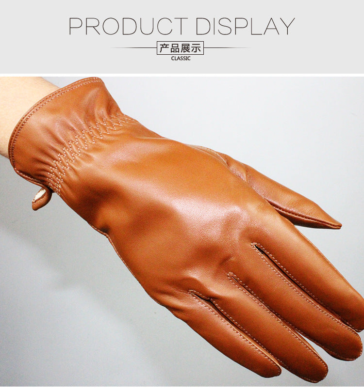 Women's Drawstring Leather Gloves – Soft Lambskin-Khaki-Free Shipping Leatheretro