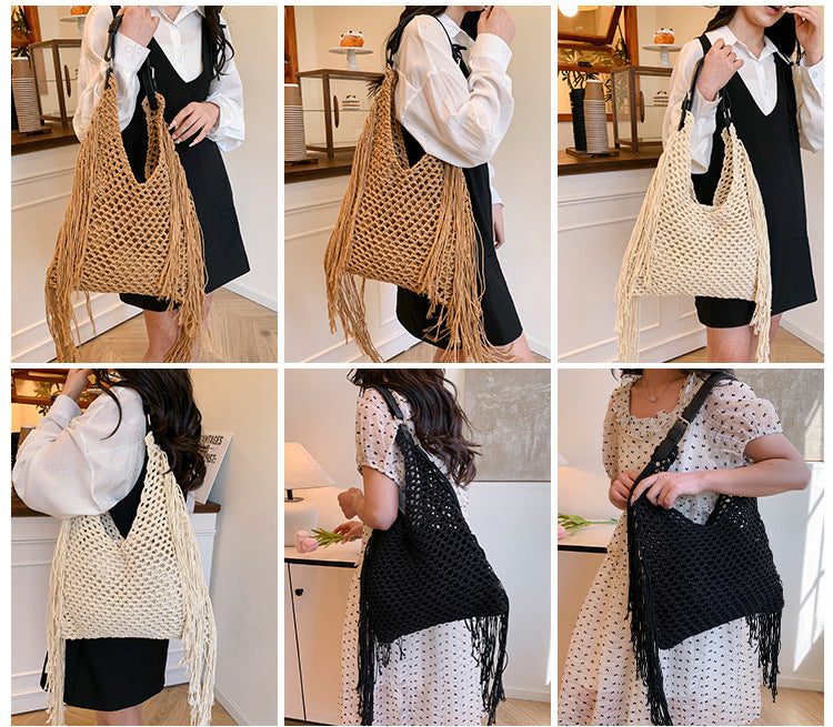 Retro Fringe Handwoven Crochet Tote Bag-Black-Free Shipping Leatheretro