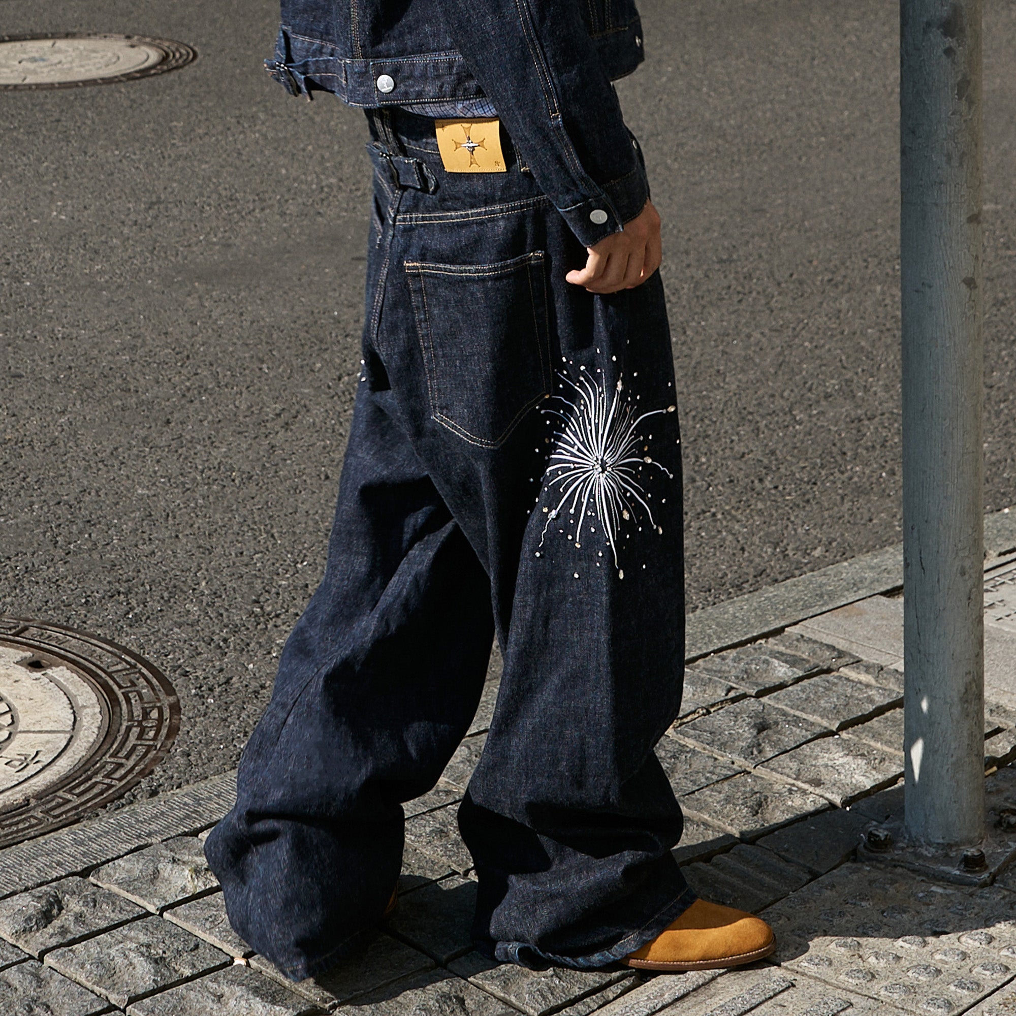 STEEPC Firework Embroidered Rhinestone Curved Raw Jeans-Jeans-S-Free Shipping Leatheretro