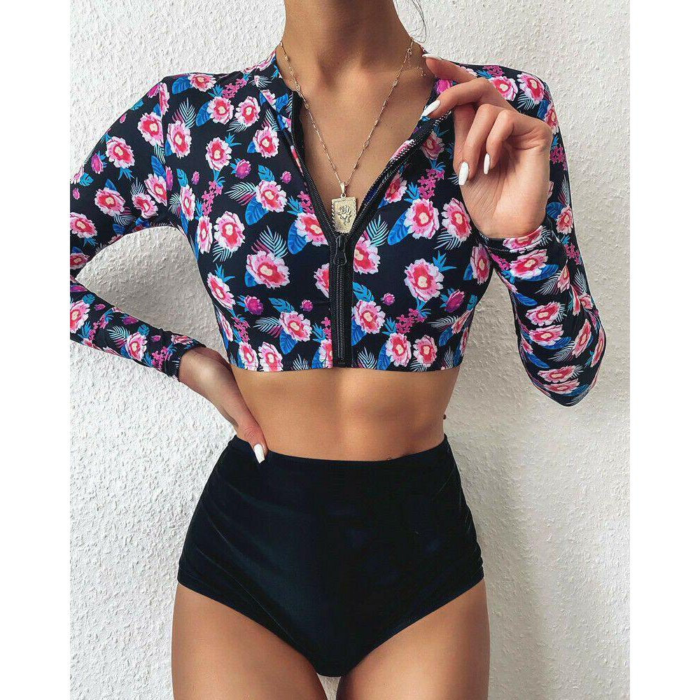 Long Sleeve High Waist Flower Zippered Swimsuit-Shirts&Blouses-Pink Flower-L-Free Shipping Leatheretro