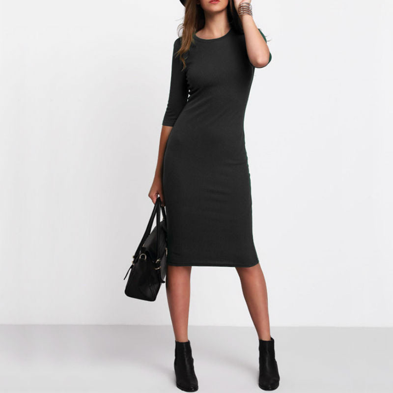 Sexy Cotton Half Sleeves Midi Length Dresses-Dresses-Black-XS-Free Shipping Leatheretro