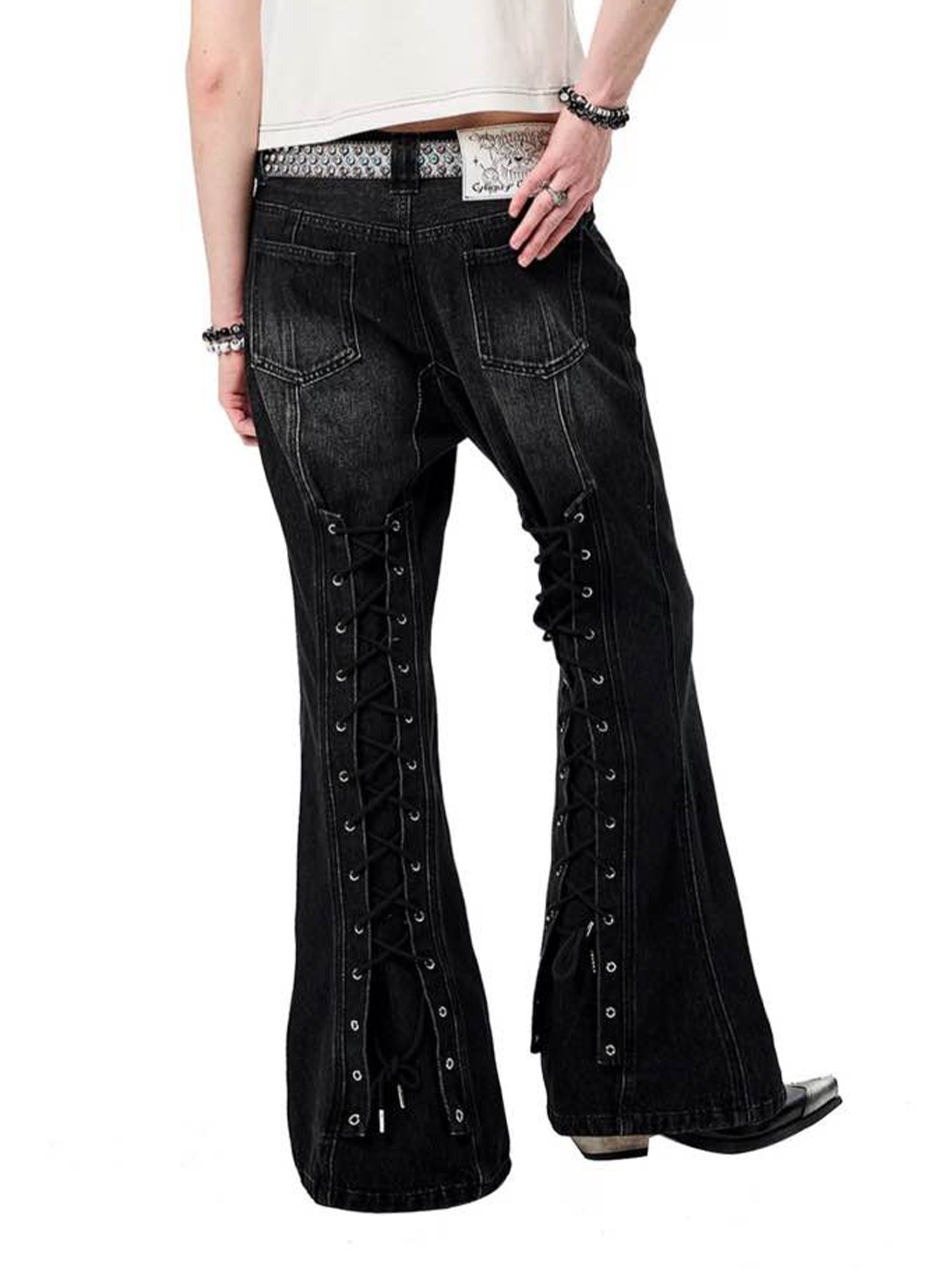 ERISSTOFF Washed Lace-Up Flared Jeans-Jeans-XS / 28"-Free Shipping Leatheretro