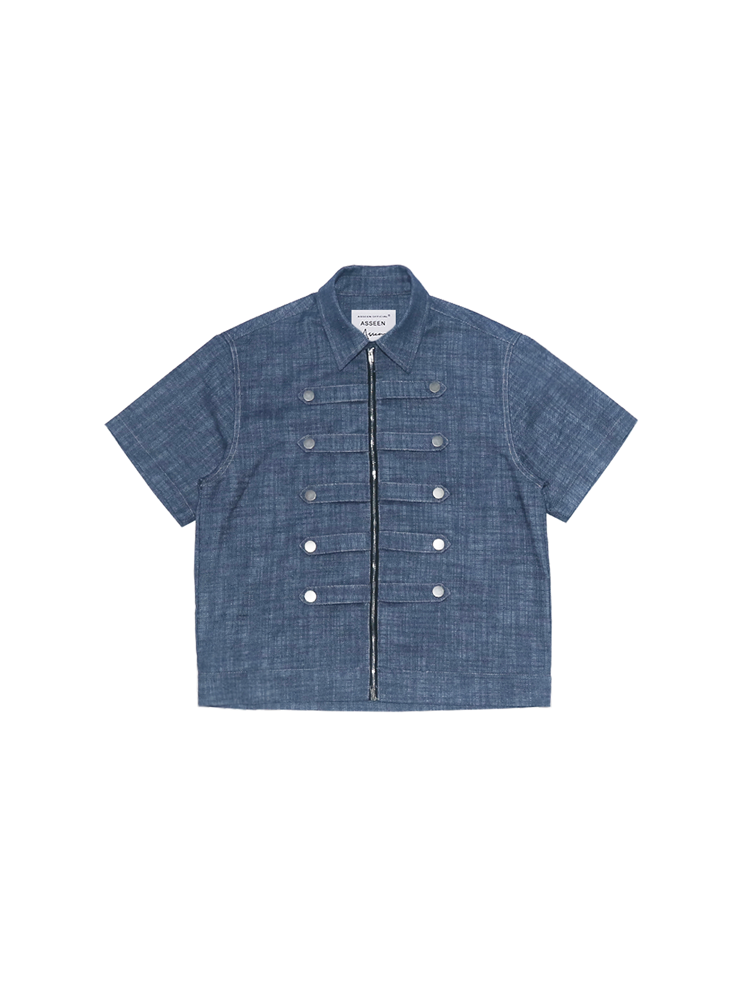ASSEEN Linen-Blend Coin Button Denim Half Shirt-Half shirt-S-Free Shipping Leatheretro