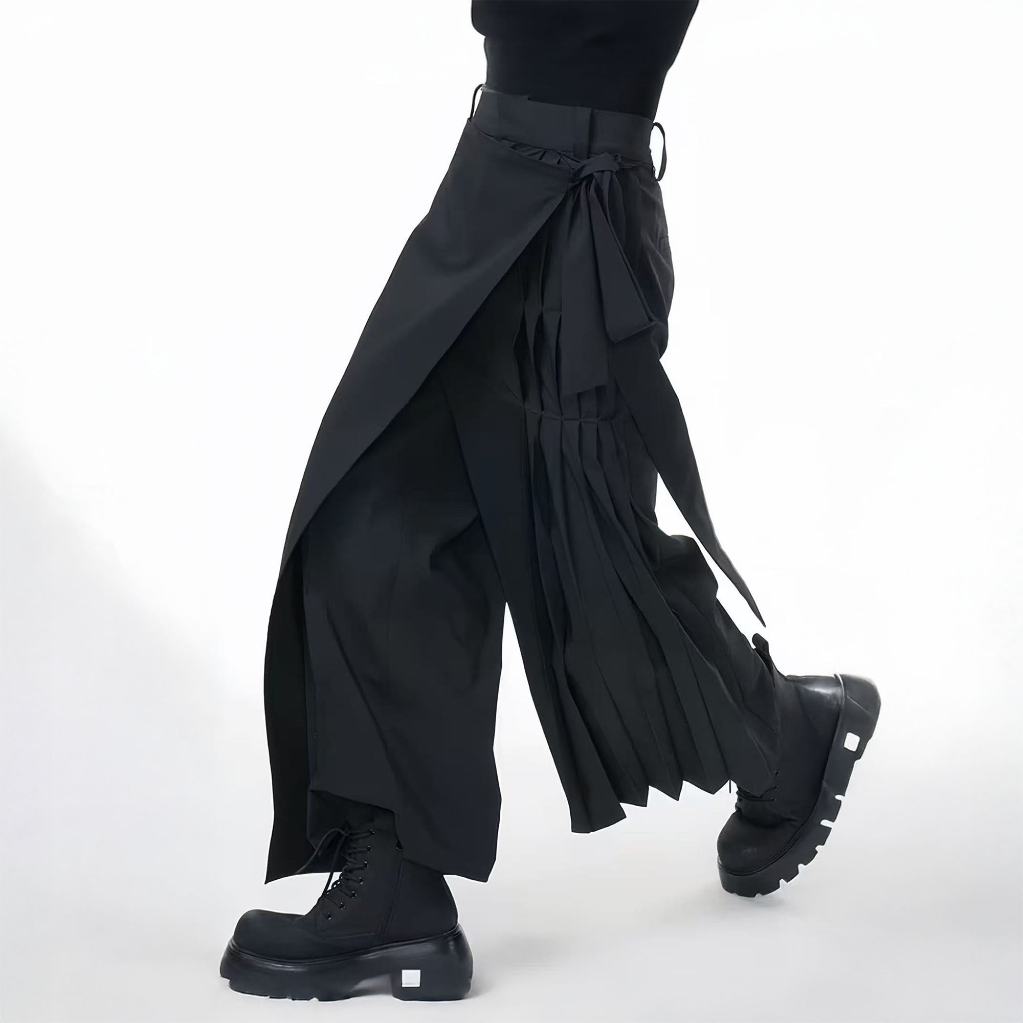 TUIMU Asymmetrical Wrap Pleated Wide-Leg Trousers-Pants-S-Black-Free Shipping Leatheretro