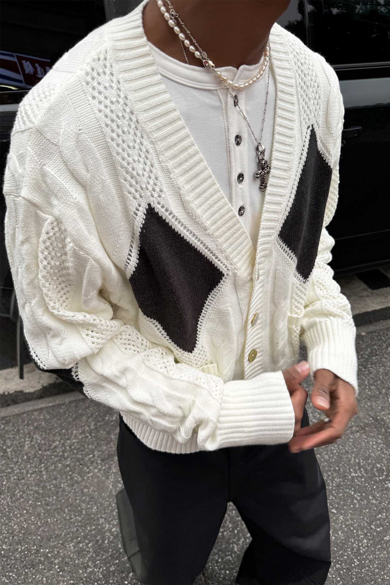 STEEPC Retro Cable-Knit Argyle V-Neck Cardigan-Jacket-S (1)-Free Shipping Leatheretro