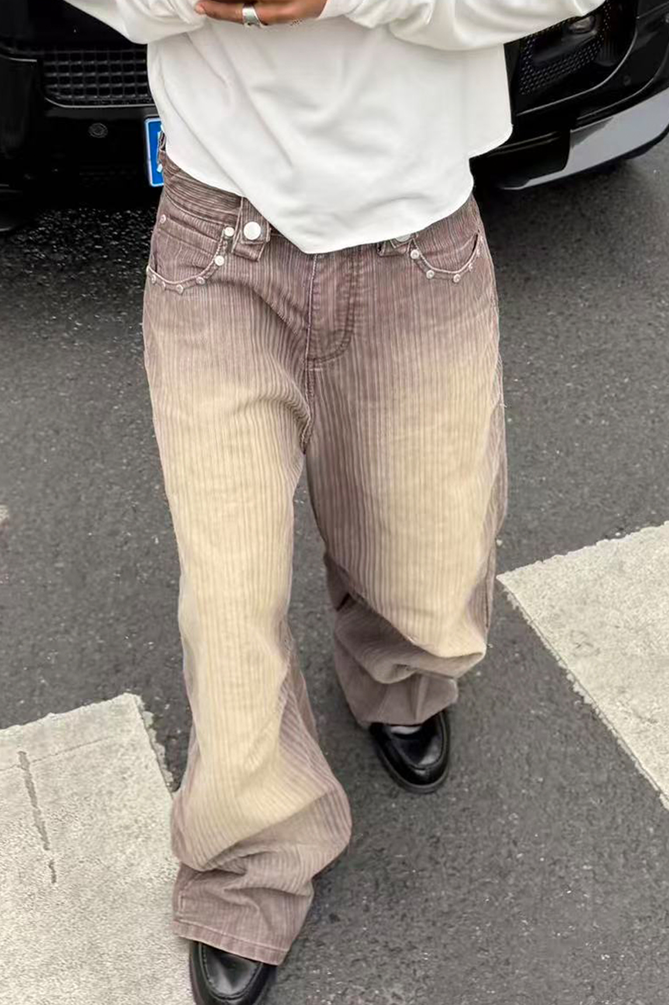 STEEPC Washed Striped Corduroy Studded Wide-Leg Pants-Pants-S-Free Shipping Leatheretro