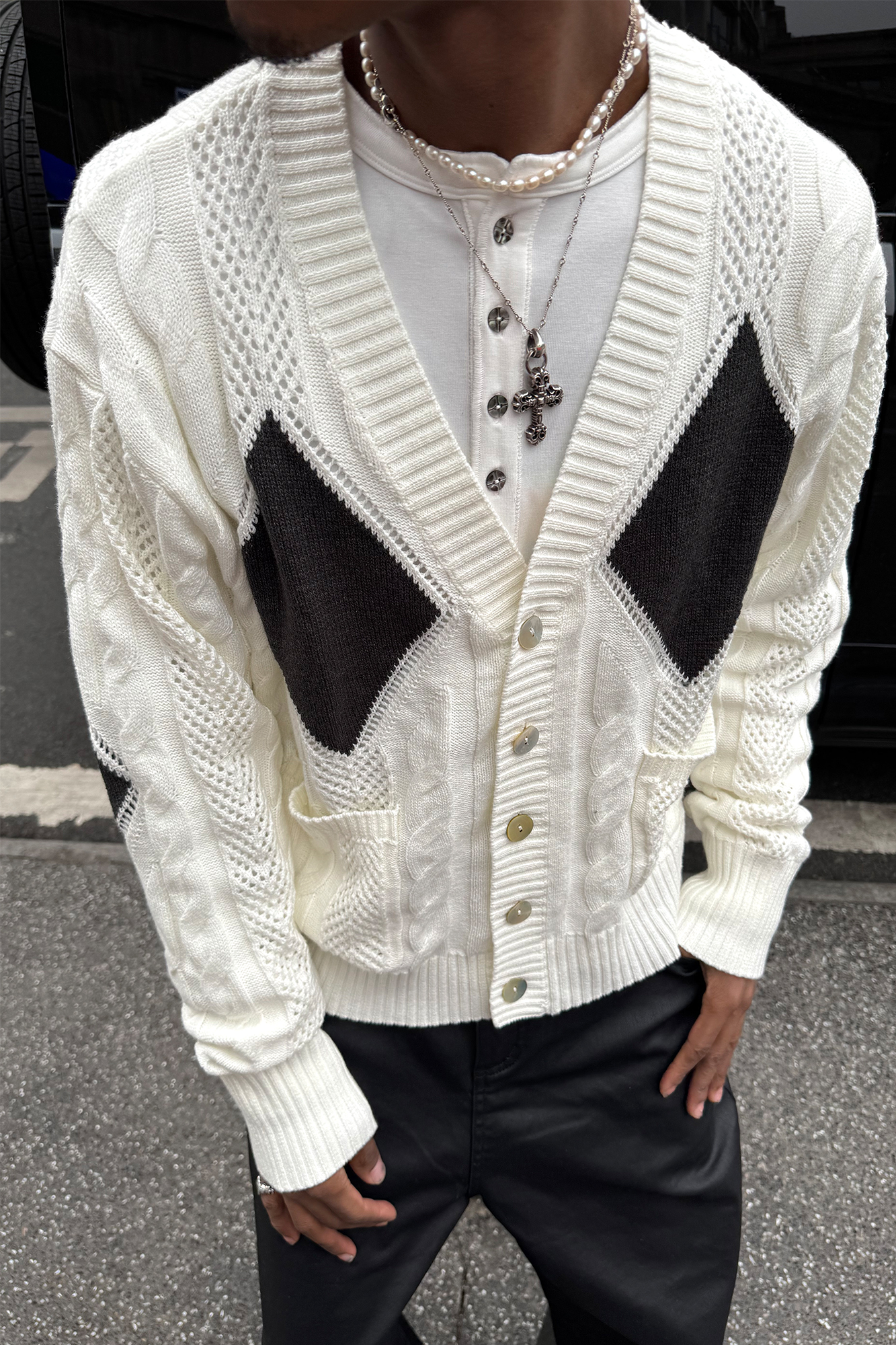 STEEPC Retro Cable-Knit Argyle V-Neck Cardigan-Jacket-S (1)-Free Shipping Leatheretro
