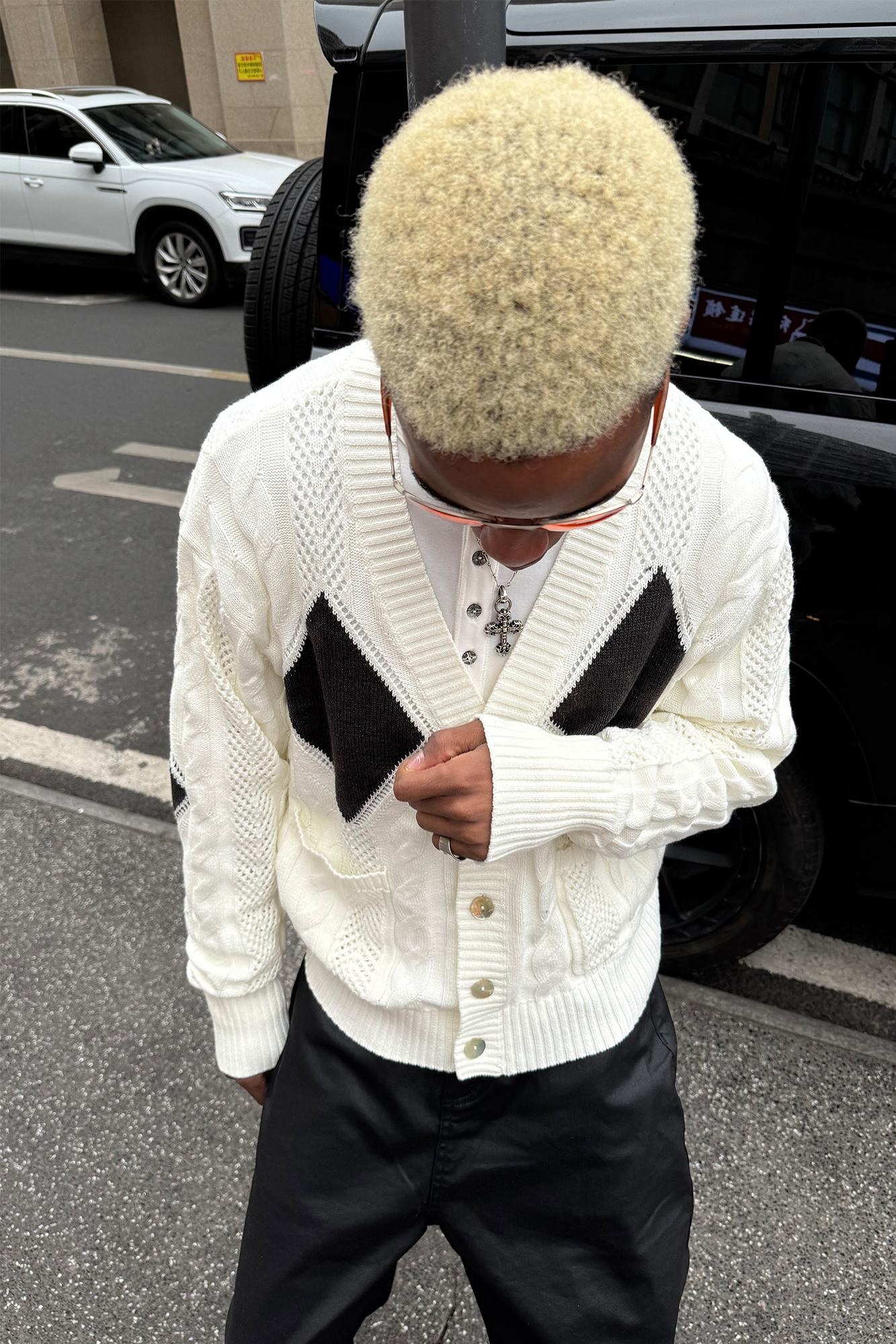 STEEPC Retro Cable-Knit Argyle V-Neck Cardigan-Jacket-S (1)-Free Shipping Leatheretro