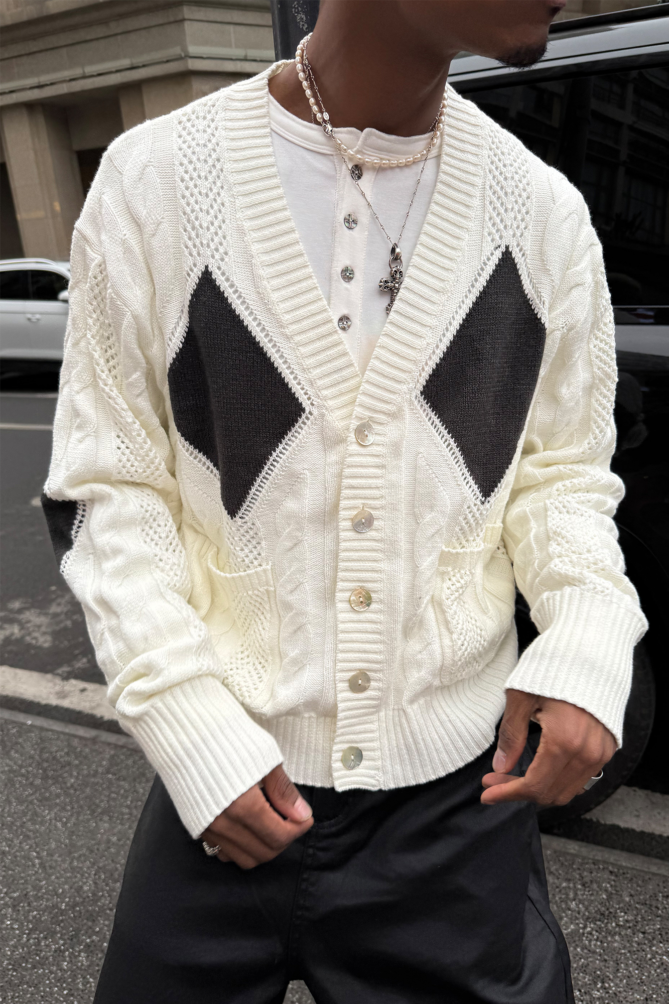 STEEPC Retro Cable-Knit Argyle V-Neck Cardigan-Jacket-S (1)-Free Shipping Leatheretro