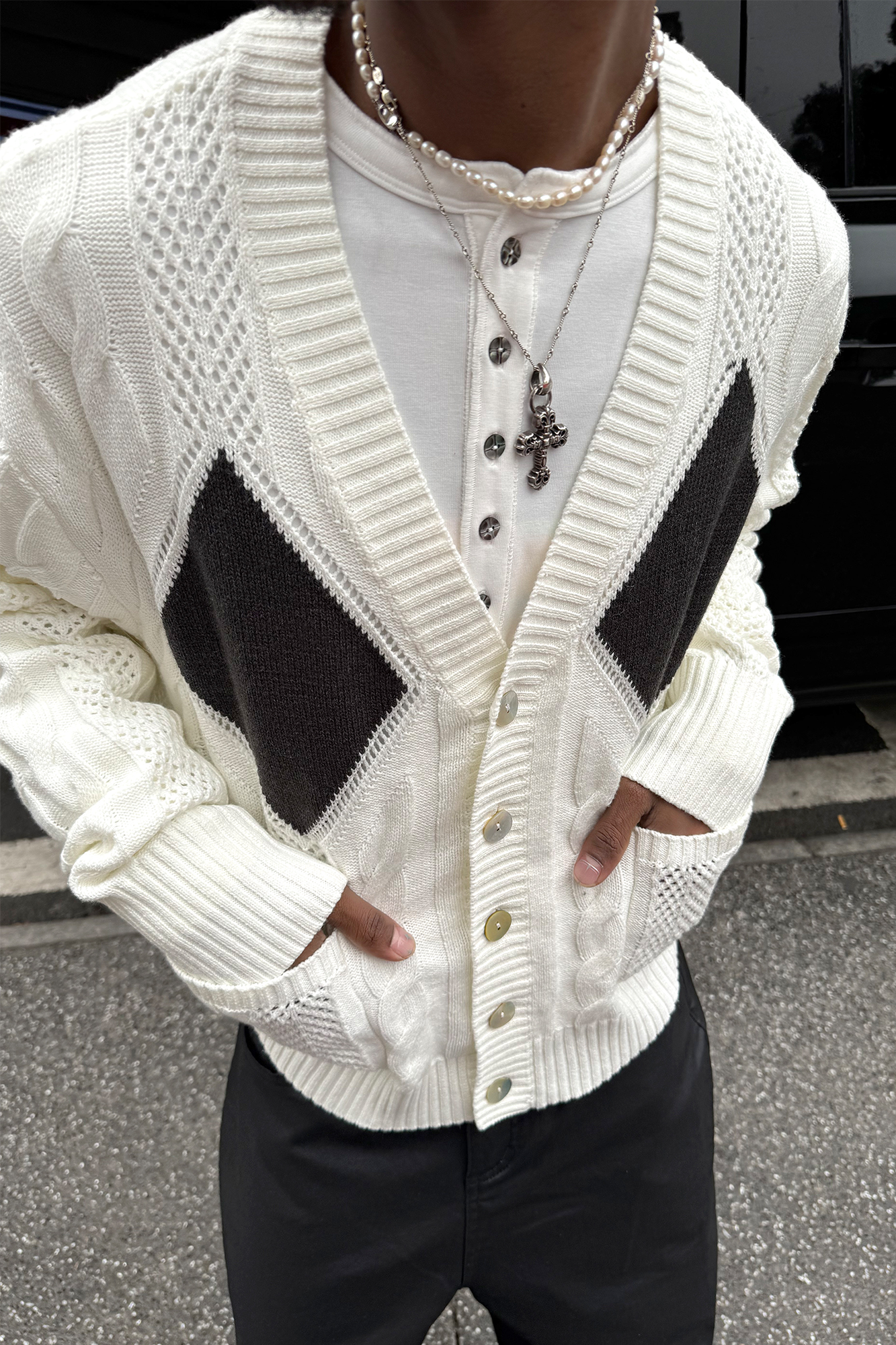 STEEPC Retro Cable-Knit Argyle V-Neck Cardigan-Jacket-S (1)-Free Shipping Leatheretro