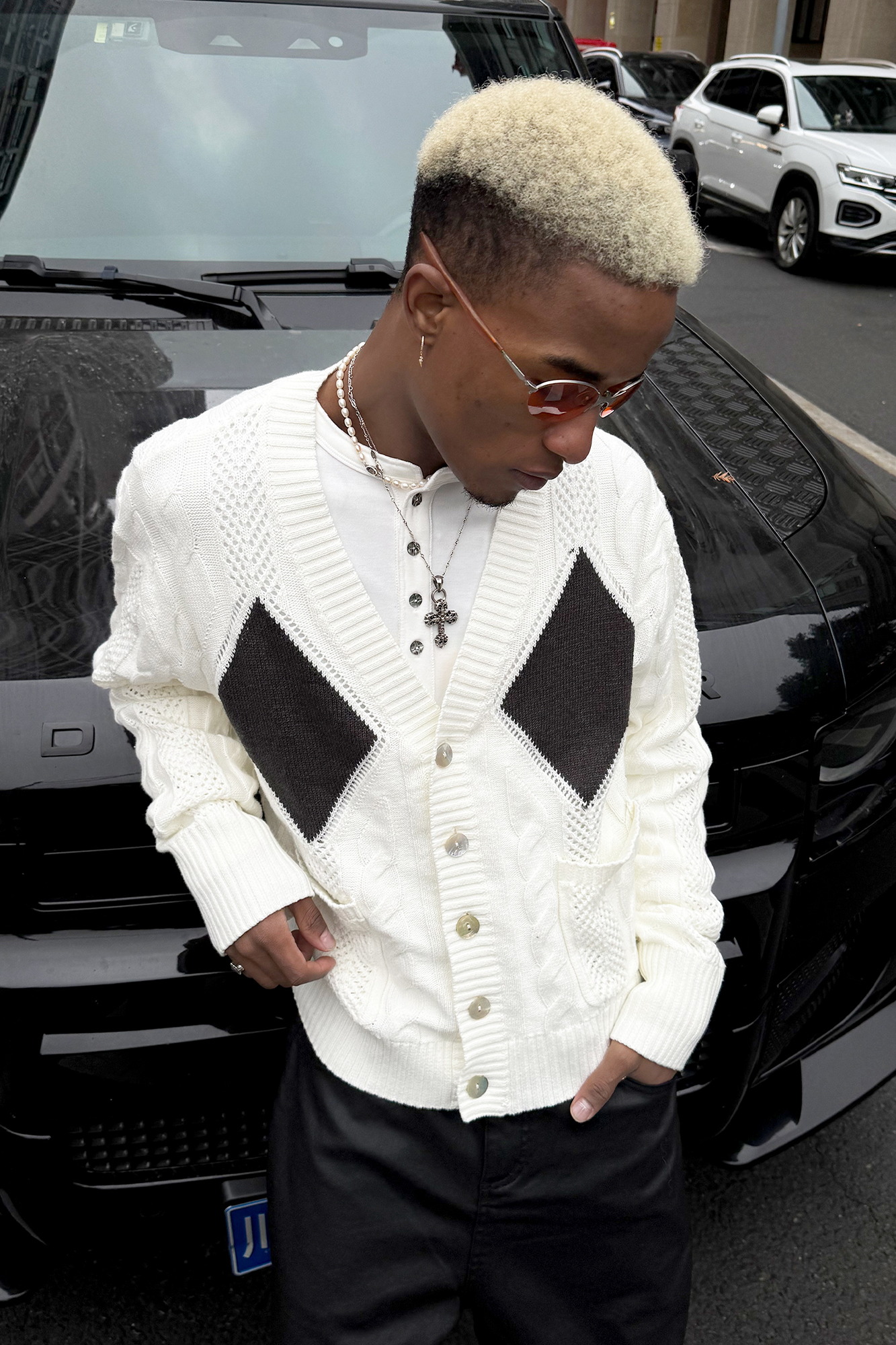 STEEPC Retro Cable-Knit Argyle V-Neck Cardigan-Jacket-S (1)-Free Shipping Leatheretro