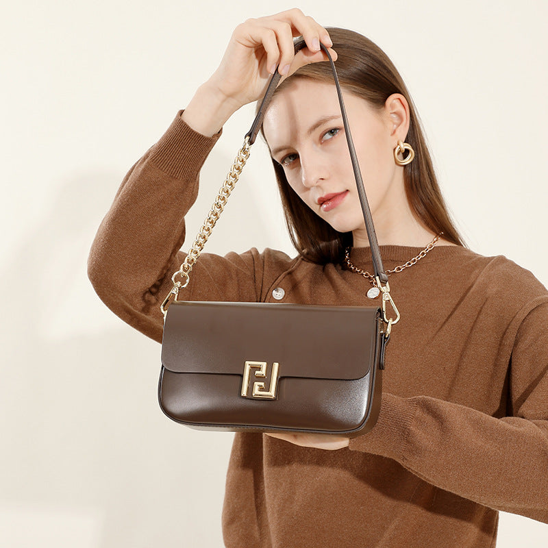 Genuine Leather Chain Flap Shoulder Bag - Cowhide Leather Lock Clasp Purse-Shoulder Bag-Black-Free Shipping Leatheretro