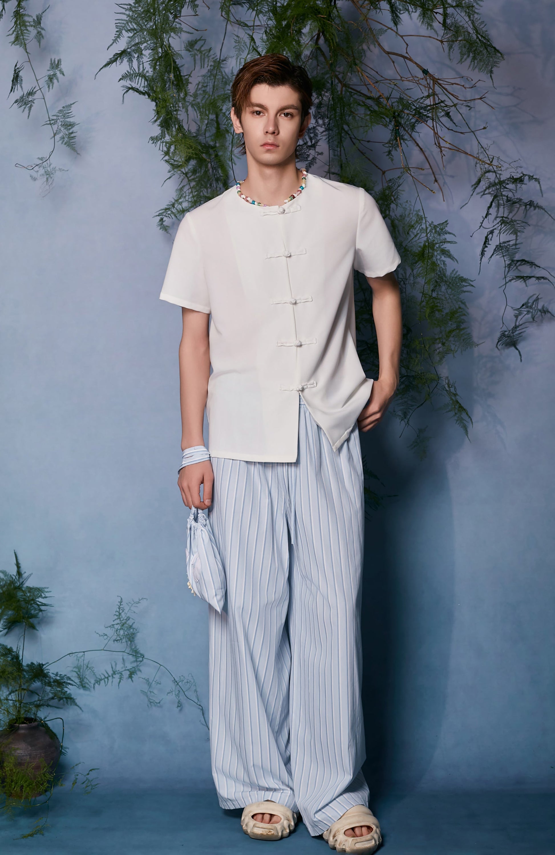 JIECHI Minimal Frog Button Beaded Half Shirt-Half shirt-M (Preorder)-Free Shipping Leatheretro