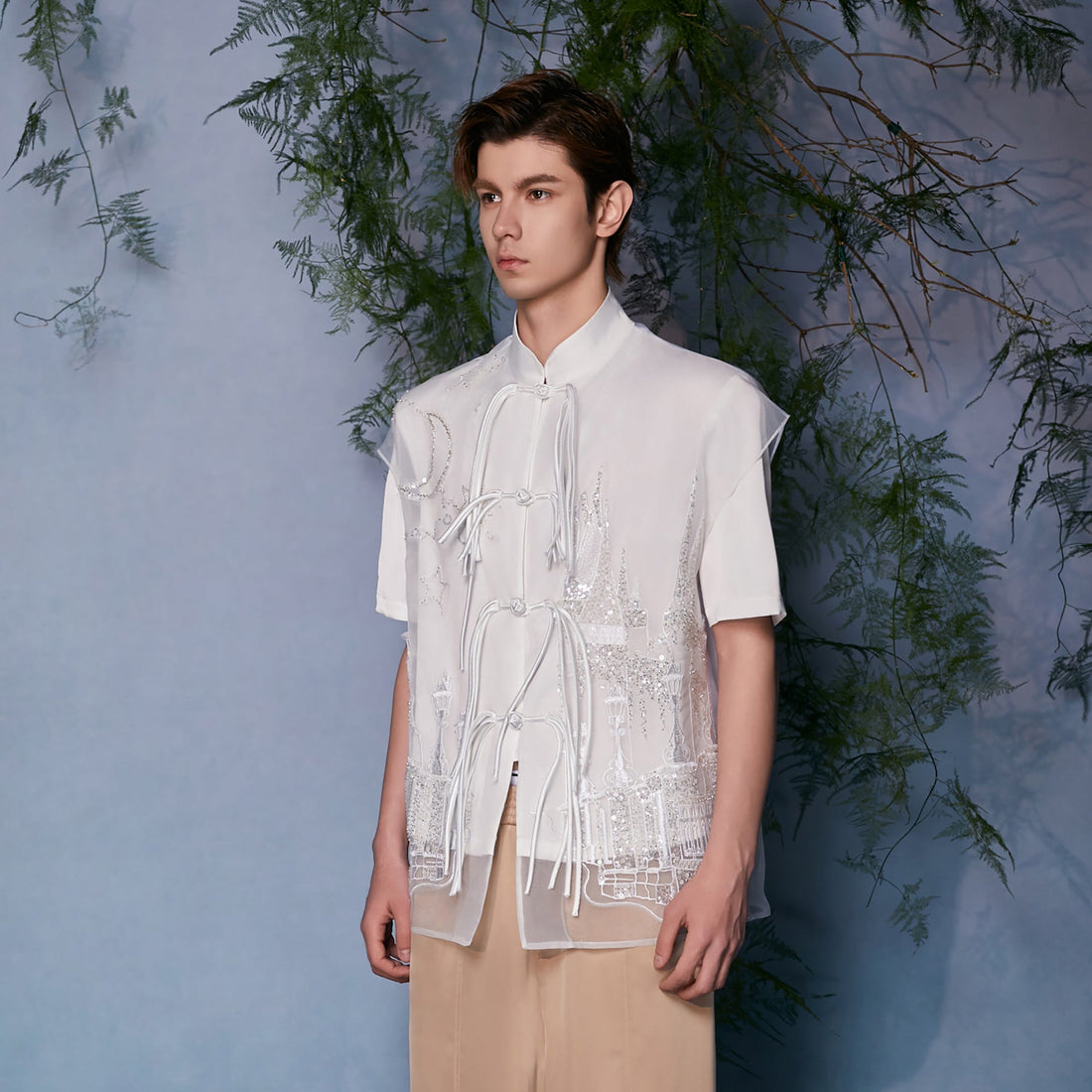 JIECHI Mandarin Embroidered Mesh Panel Half Shirt-Half shirt-M (Preorder)-Free Shipping Leatheretro