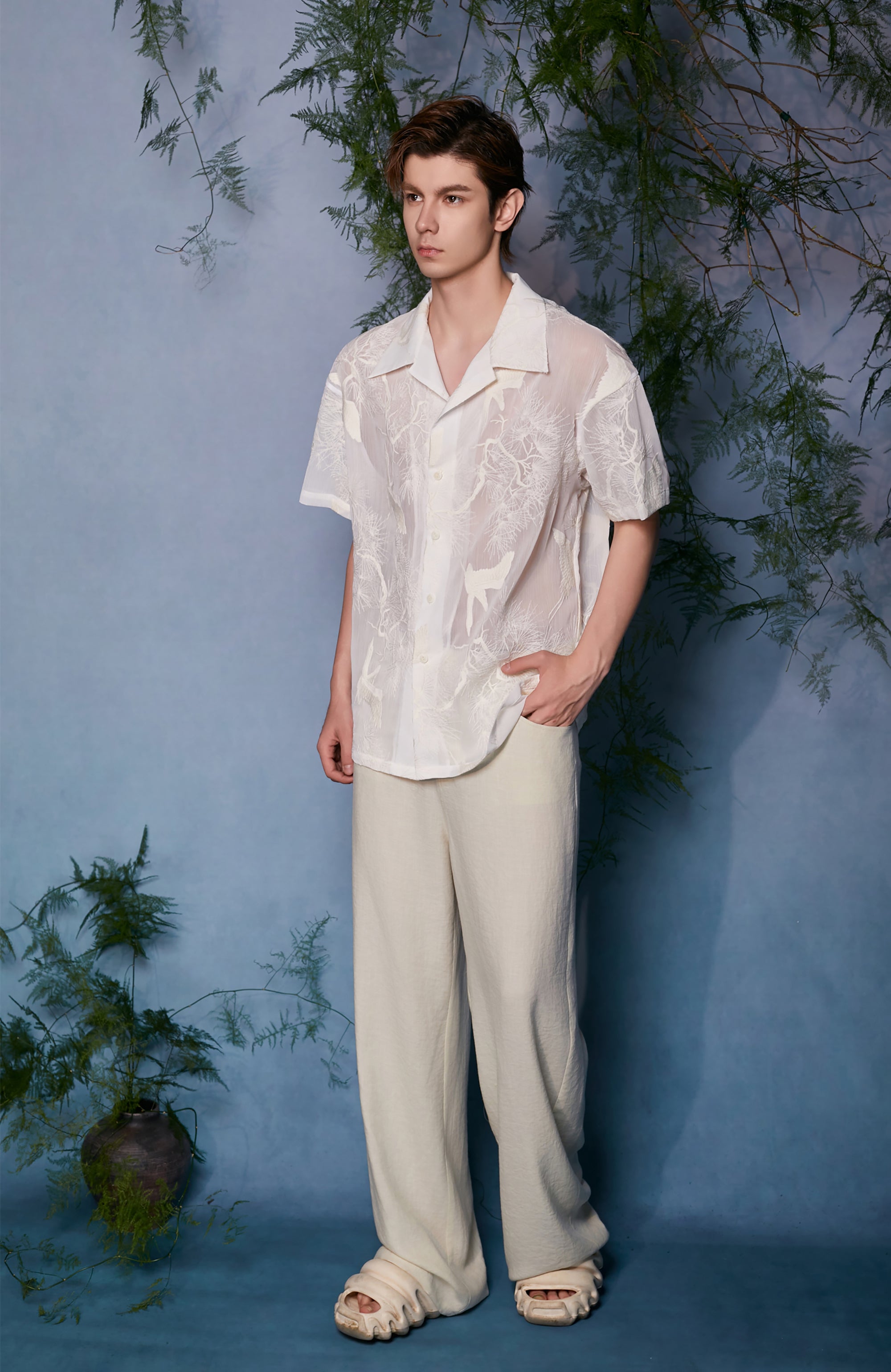 JIECHI Sheer Crane Embroidered Half Shirt-Half shirt-M (Preorder)-Free Shipping Leatheretro