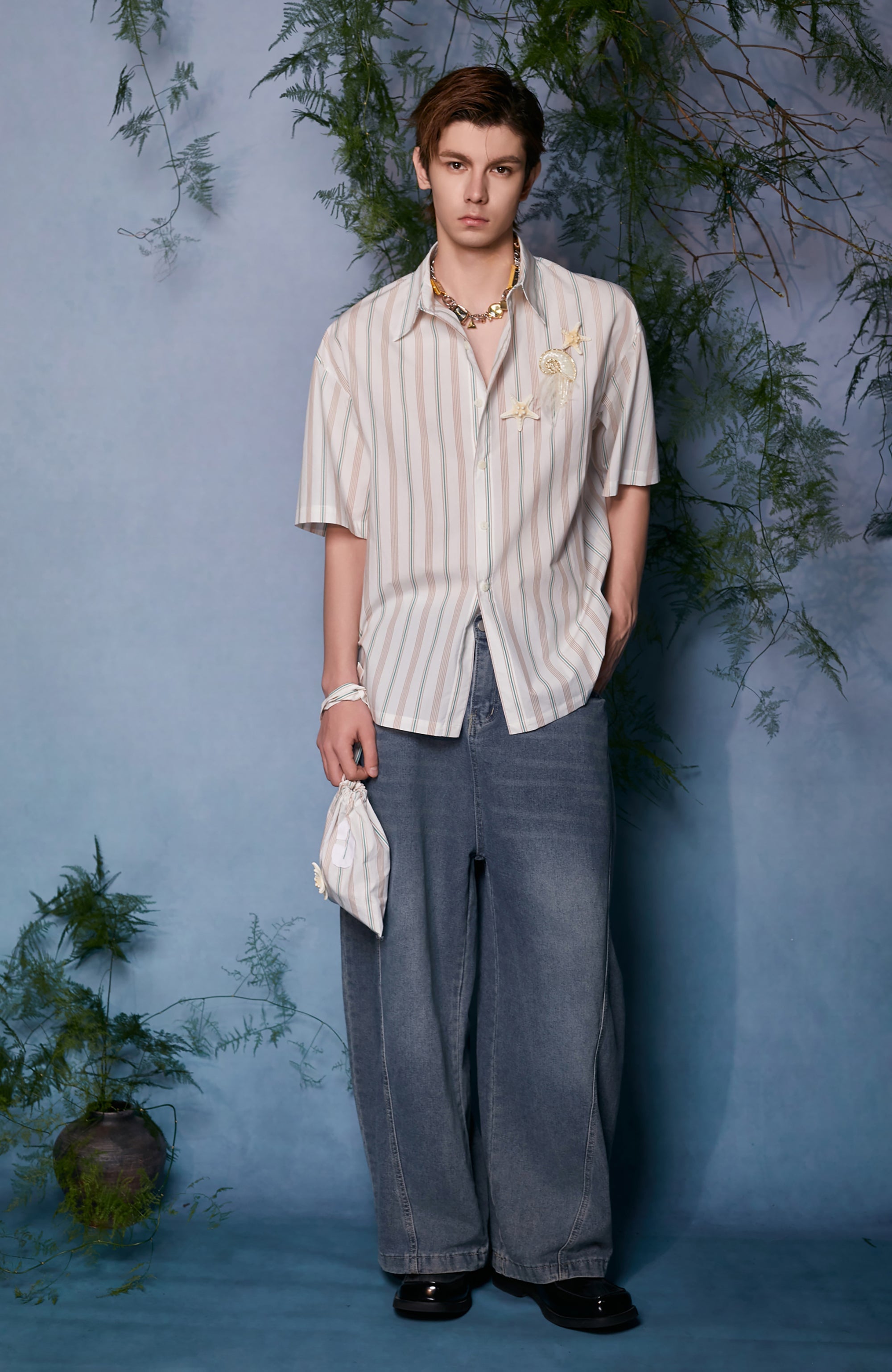 JIECHI Striped Shell-Embellished Half Shirt-Half shirt-M (Preorder)-Free Shipping Leatheretro