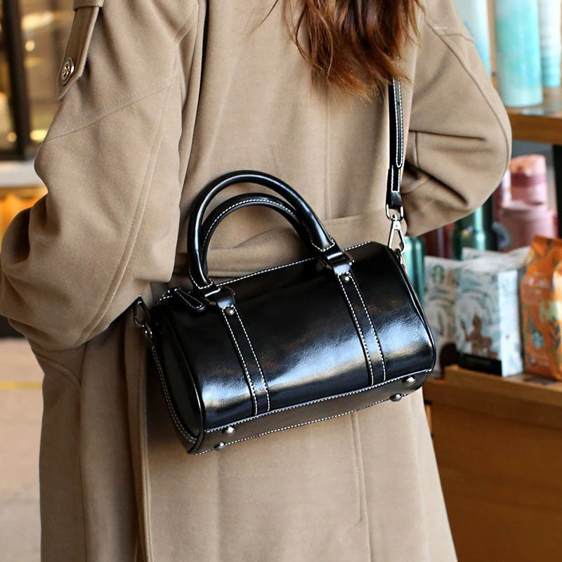 Cortex Lady Casual Zip Crossbody Bag - Top Grain Leather Cylinder Bag-Crossbody Bag-Black-Free Shipping Leatheretro
