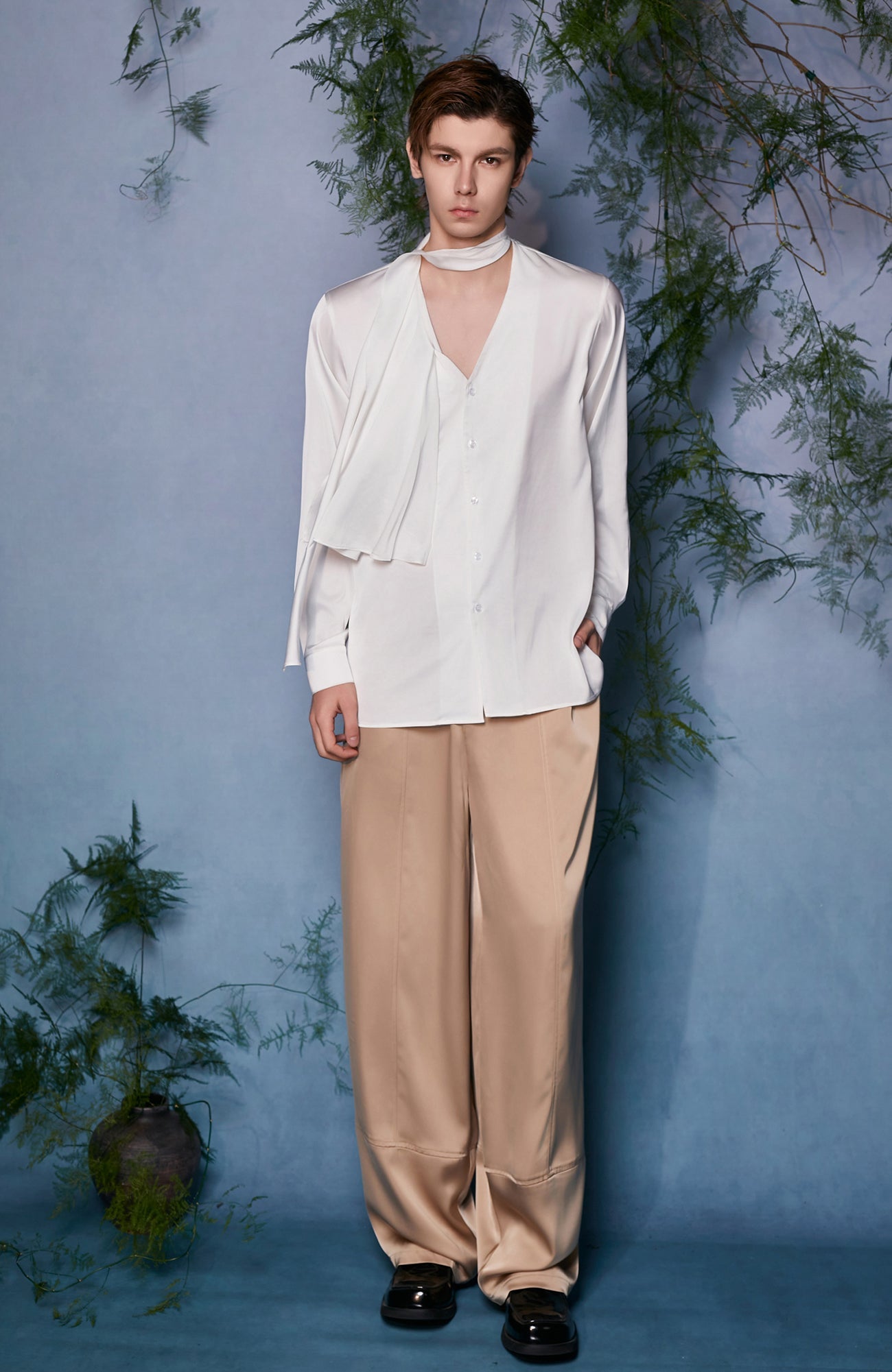 JIECHI Draped Satin Scarf-Collar Shirt-Shirt-M (Preorder)-Free Shipping Leatheretro