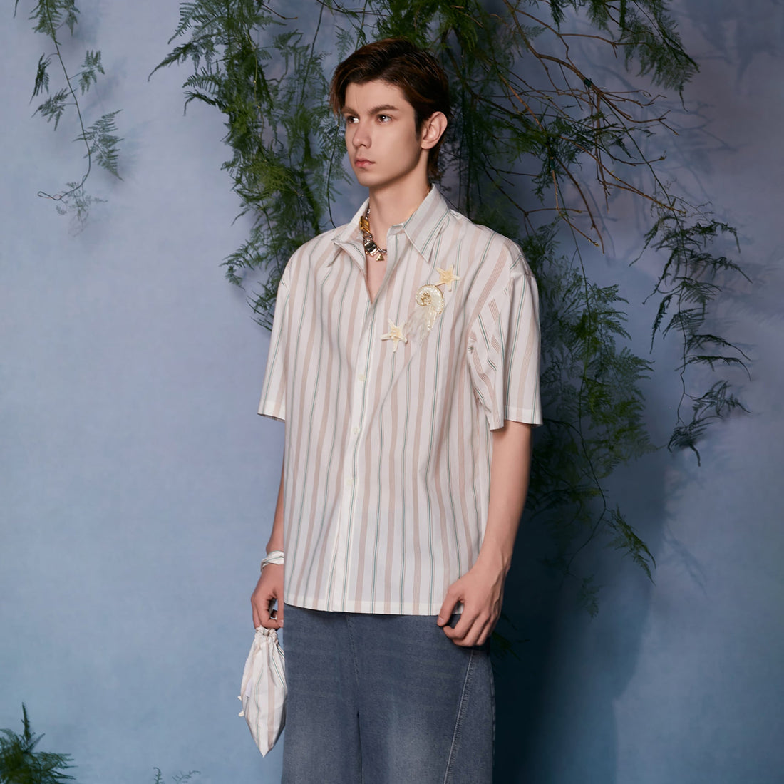 JIECHI Striped Shell-Embellished Half Shirt-Half shirt-M (Preorder)-Free Shipping Leatheretro