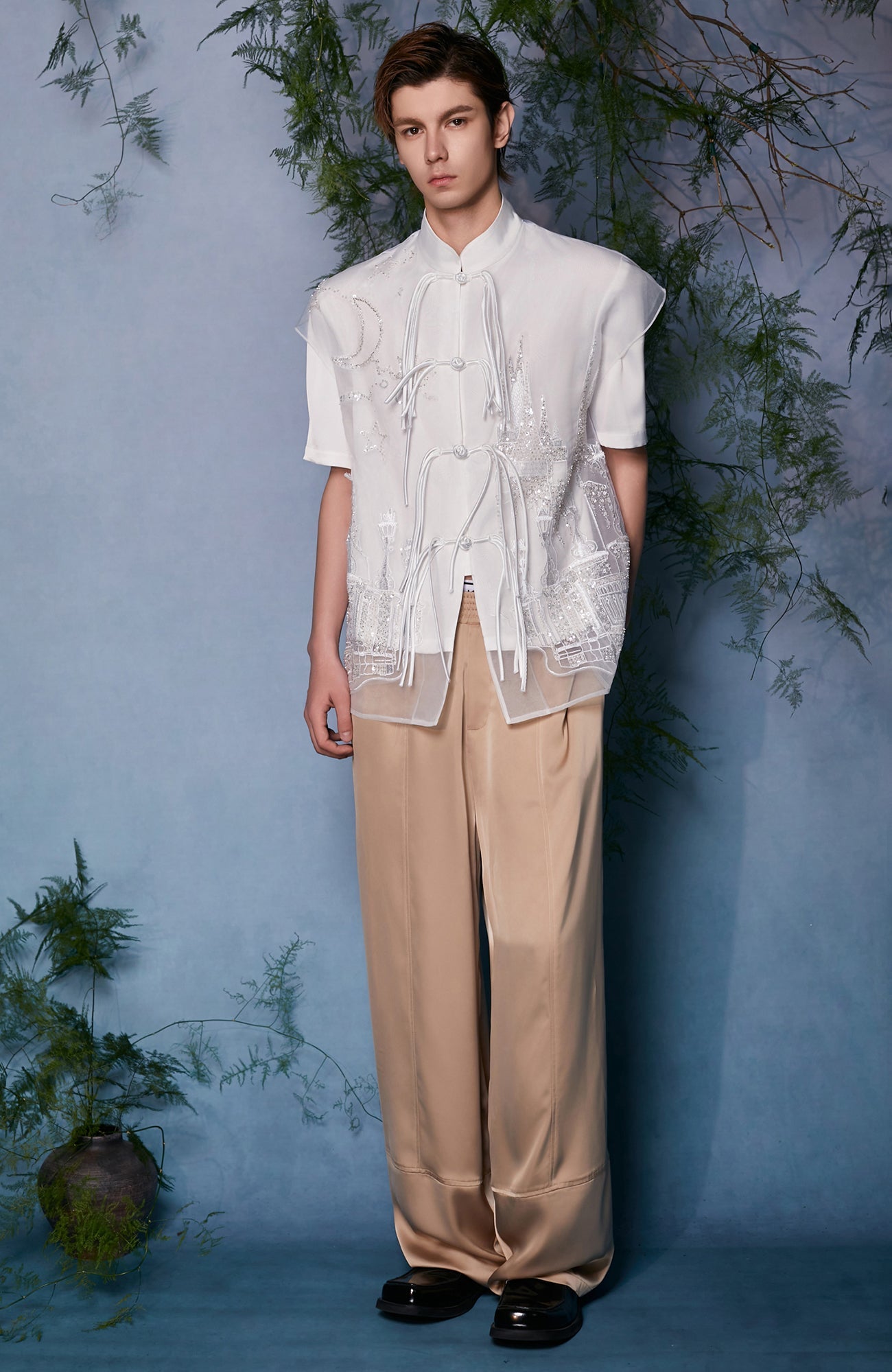 JIECHI Mandarin Embroidered Mesh Panel Half Shirt-Half shirt-M (Preorder)-Free Shipping Leatheretro