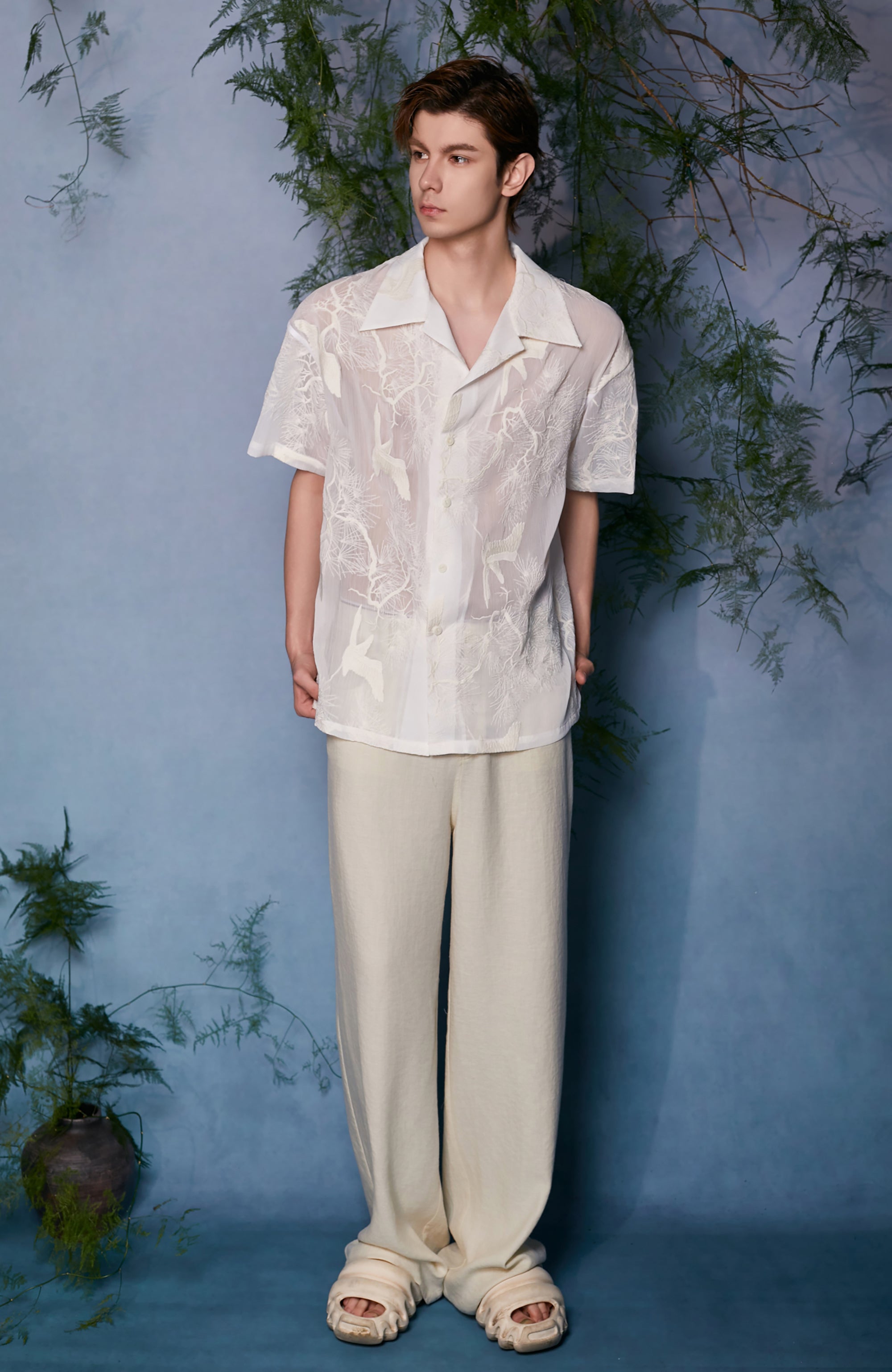 JIECHI Sheer Crane Embroidered Half Shirt-Half shirt-M (Preorder)-Free Shipping Leatheretro