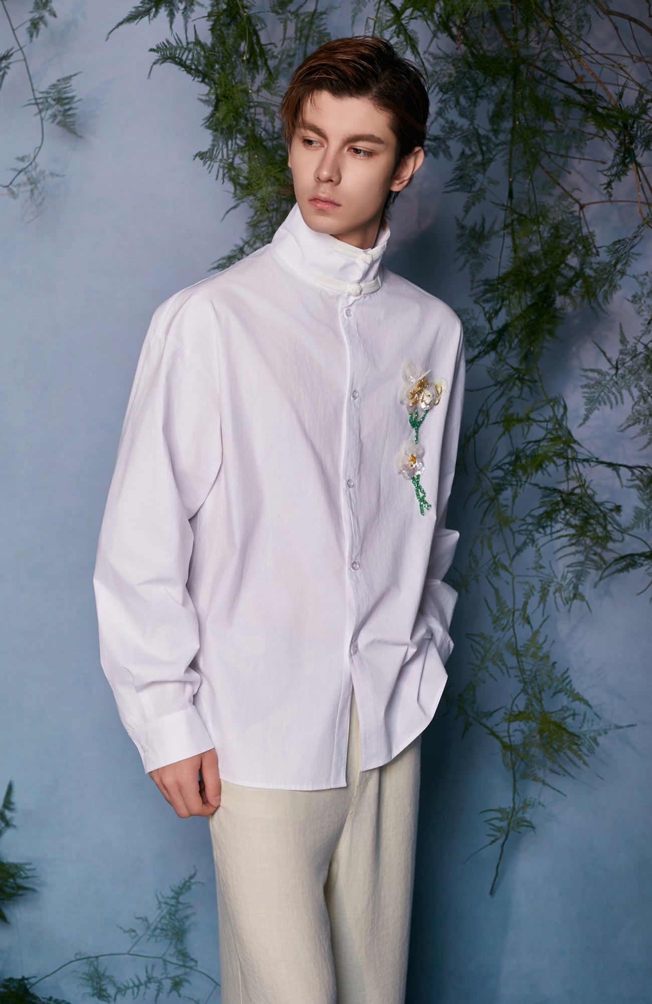 JIECHI Mandarin Collar Floral Embroidered Shirt-Shirt-M (Preorder)-Free Shipping Leatheretro