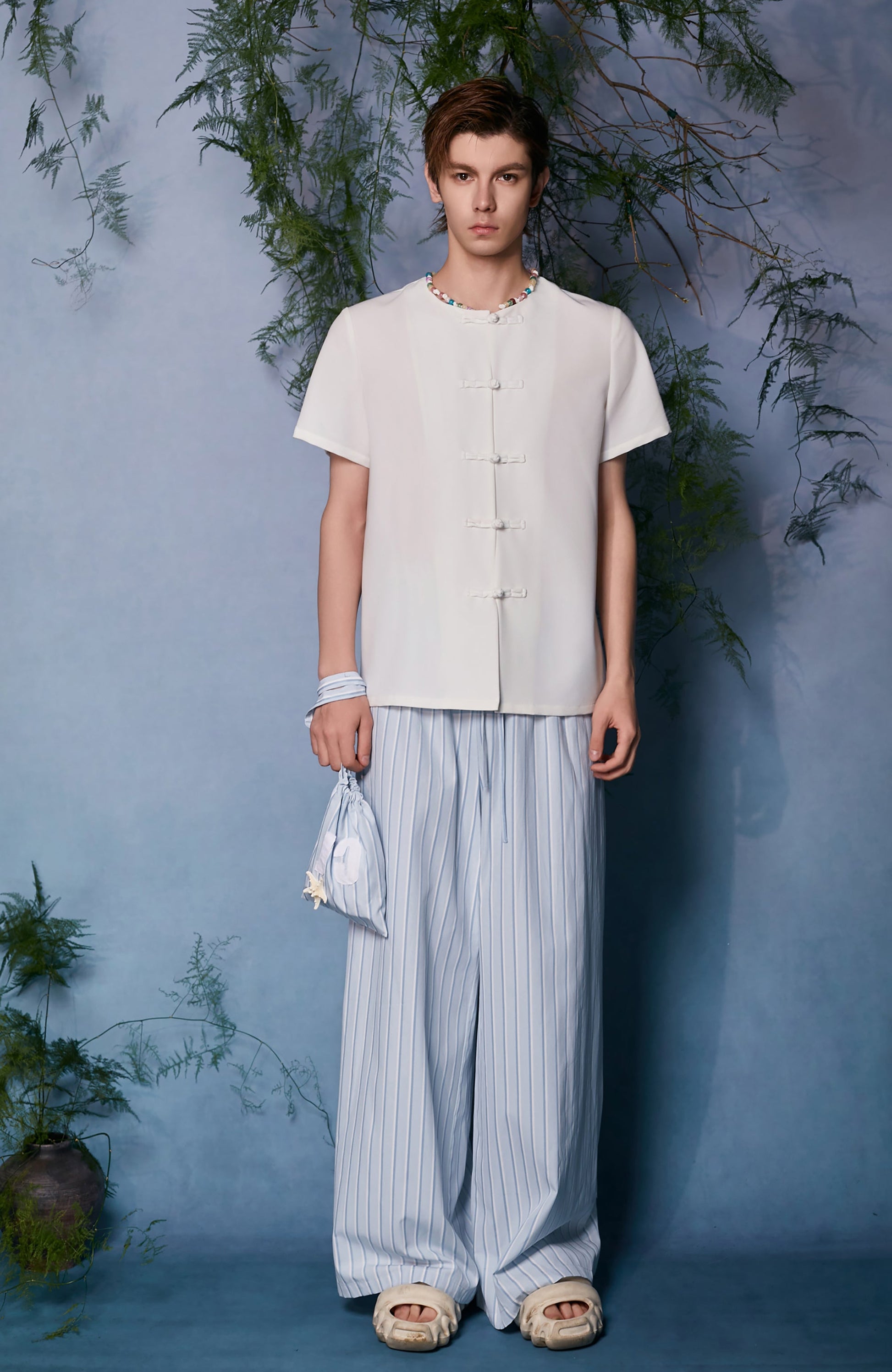 JIECHI Minimal Frog Button Beaded Half Shirt-Half shirt-M (Preorder)-Free Shipping Leatheretro
