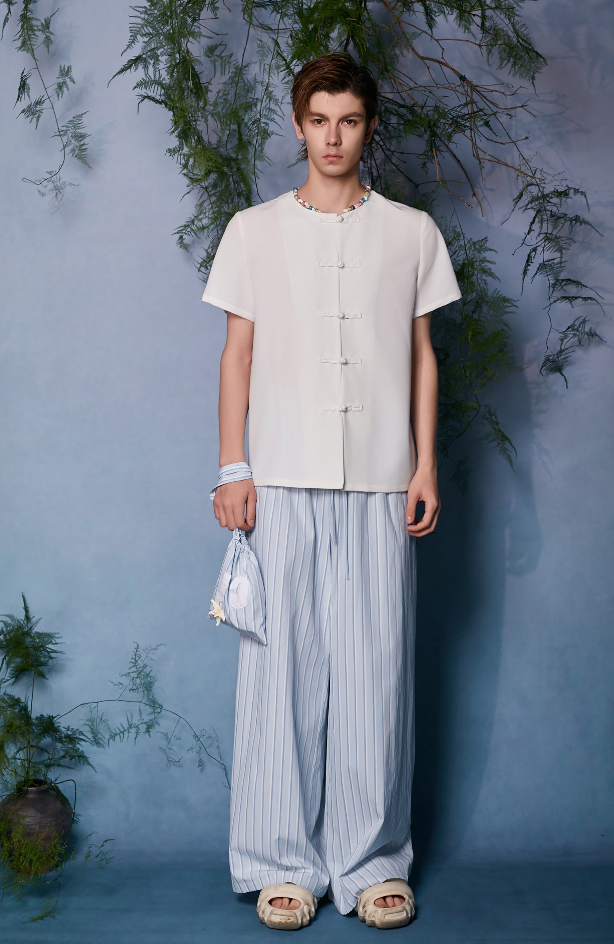 JIECHI Minimal Frog Button Beaded Half Shirt-Half shirt-M (Preorder)-Free Shipping Leatheretro