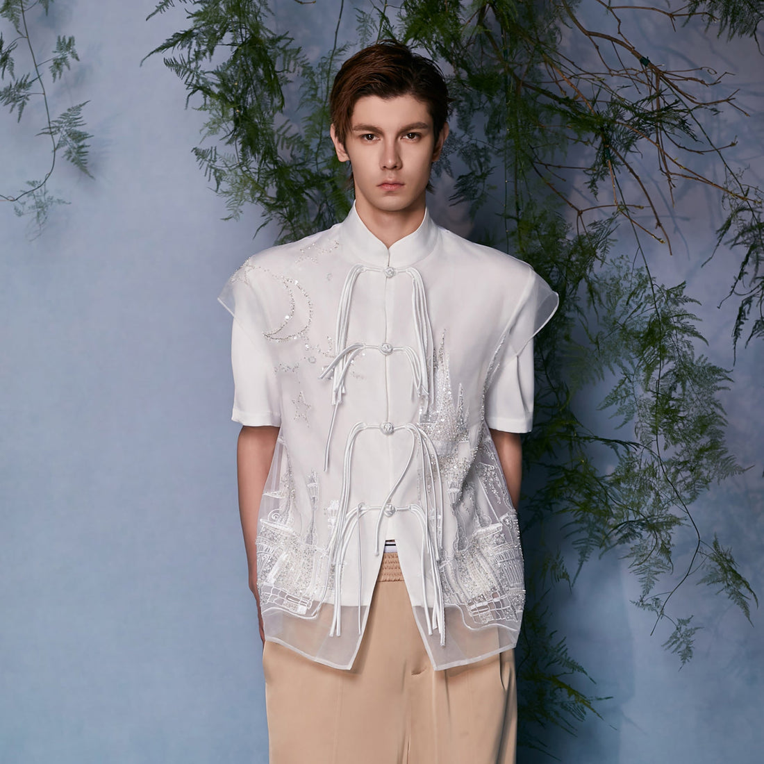 JIECHI Mandarin Embroidered Mesh Panel Half Shirt-Half shirt-M (Preorder)-Free Shipping Leatheretro