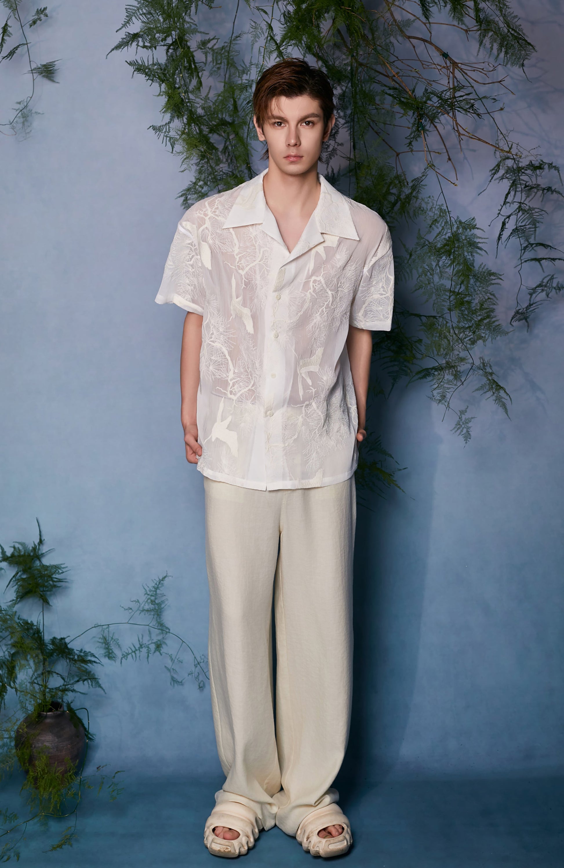 JIECHI Sheer Crane Embroidered Half Shirt-Half shirt-M (Preorder)-Free Shipping Leatheretro