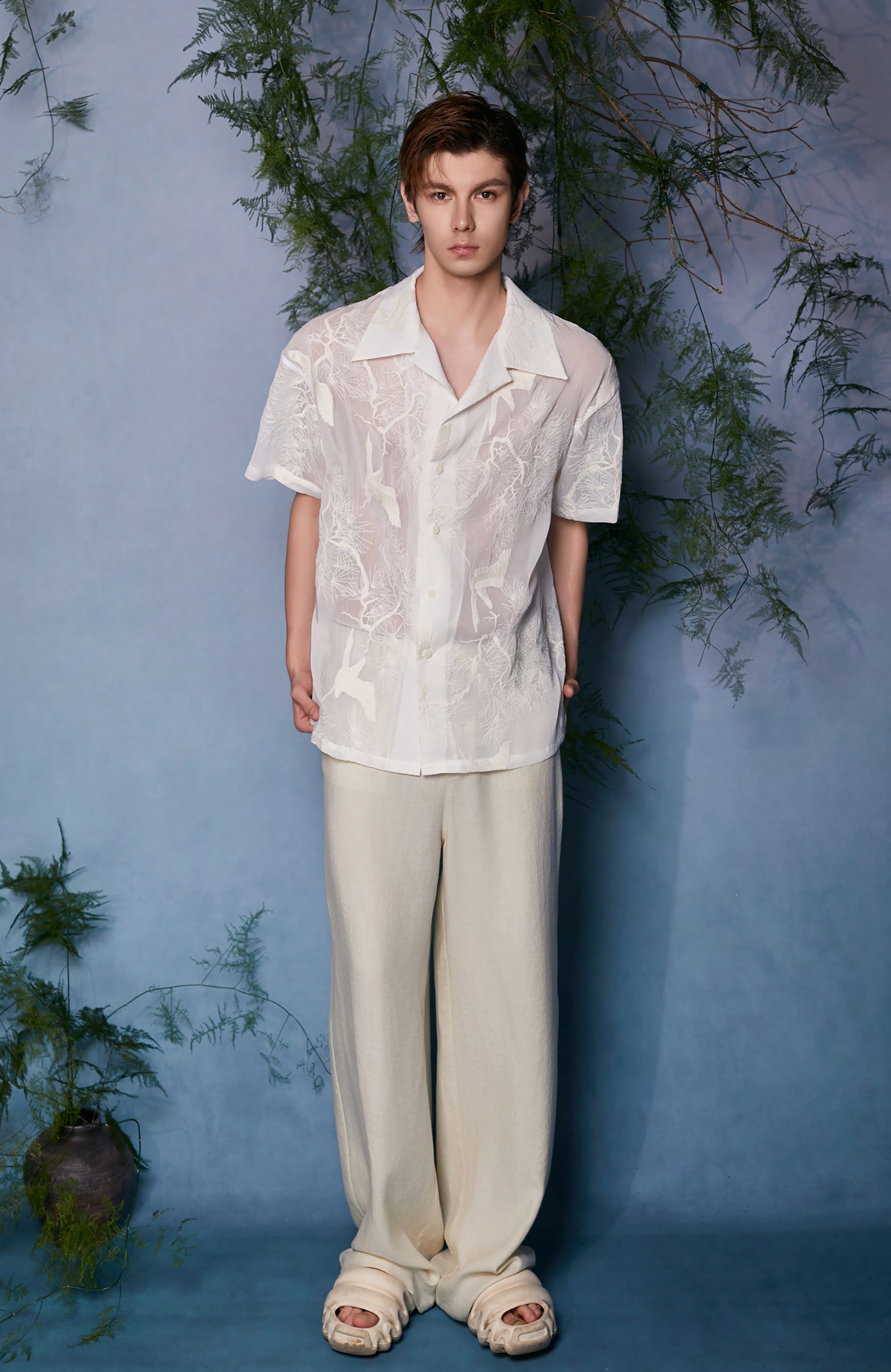JIECHI Sheer Crane Embroidered Half Shirt-Half shirt-M (Preorder)-Free Shipping Leatheretro