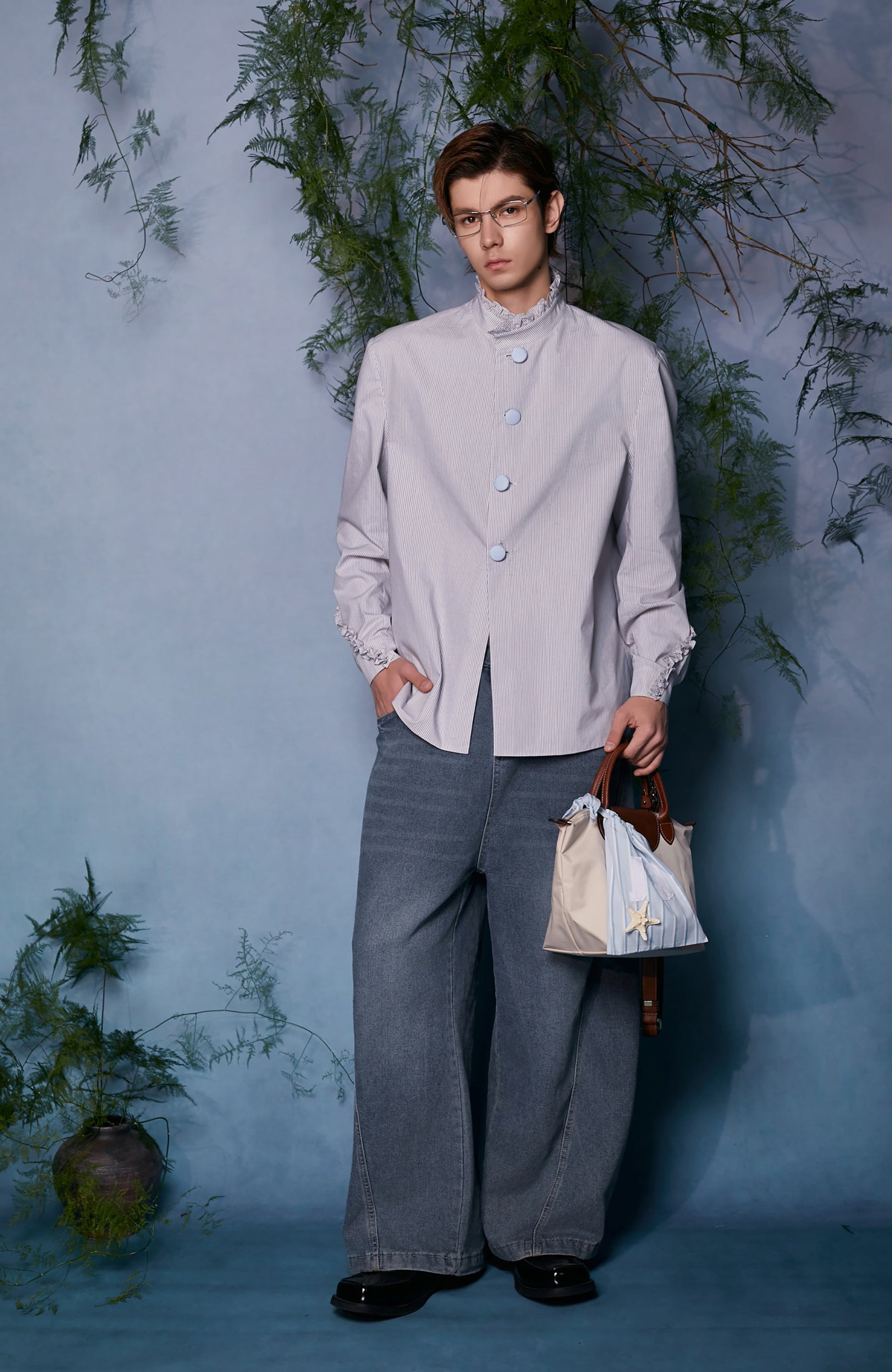 JIECHI Ruffle Cuff Button-Up Striped Shirt-Shirt-M (Preorder)-Free Shipping Leatheretro