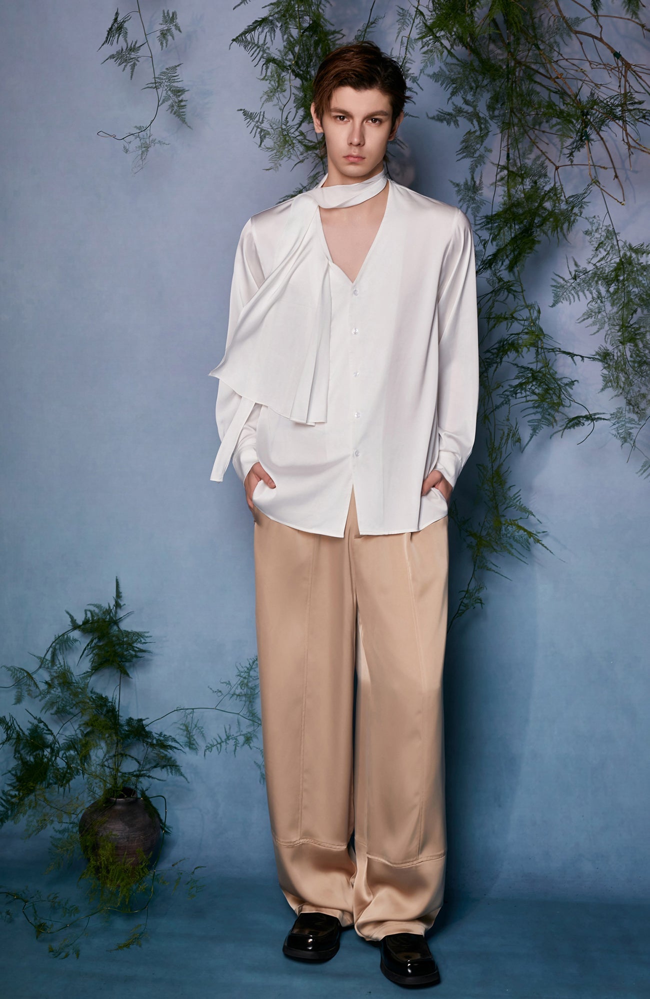JIECHI Draped Satin Scarf-Collar Shirt-Shirt-M (Preorder)-Free Shipping Leatheretro