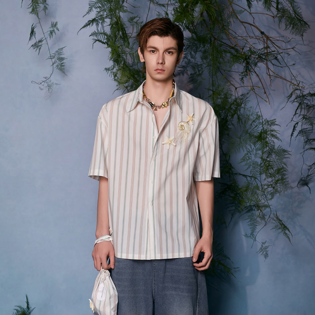 JIECHI Striped Shell-Embellished Half Shirt-Half shirt-M (Preorder)-Free Shipping Leatheretro