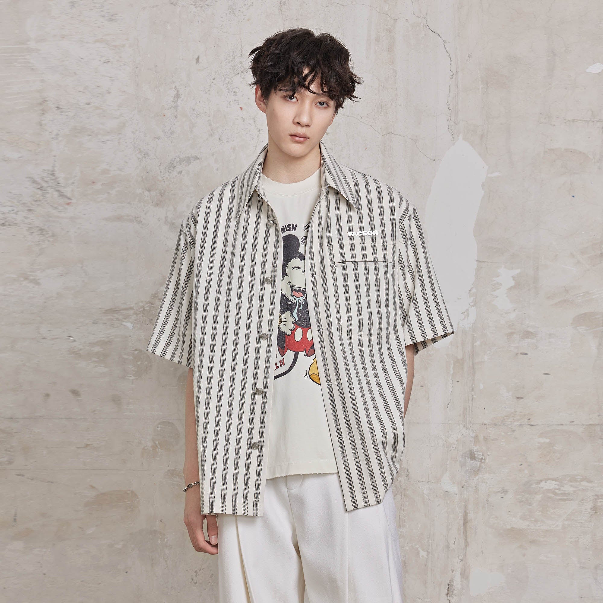 FACEONLAB Retro Textured Contrast Stripe Half Shirt-Half shirt-M-White-Free Shipping Leatheretro