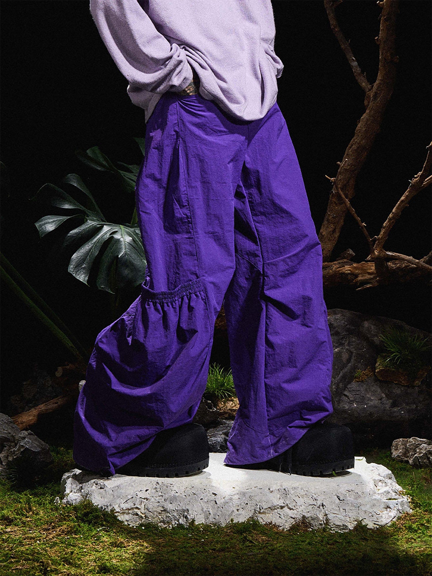 RELABEL Big-Pocket Pleated Oversized Curved Pants Purple-Pants-XS-Free Shipping Leatheretro