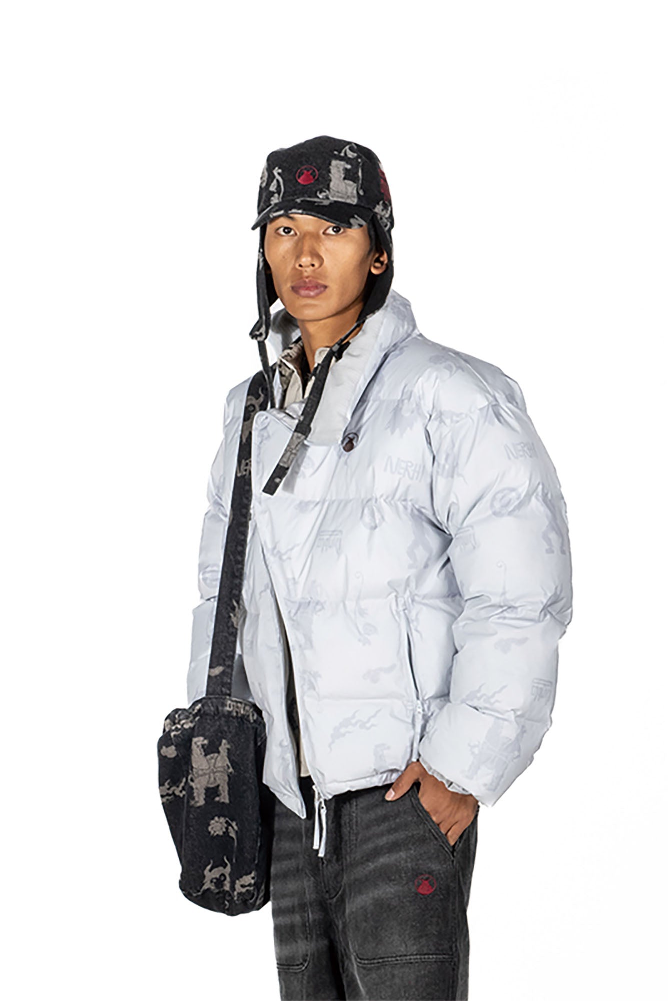 NERHI Asym Zip Full-Print Puffer Jacket-Jacket-S-Gray(Preorder)-Free Shipping Leatheretro