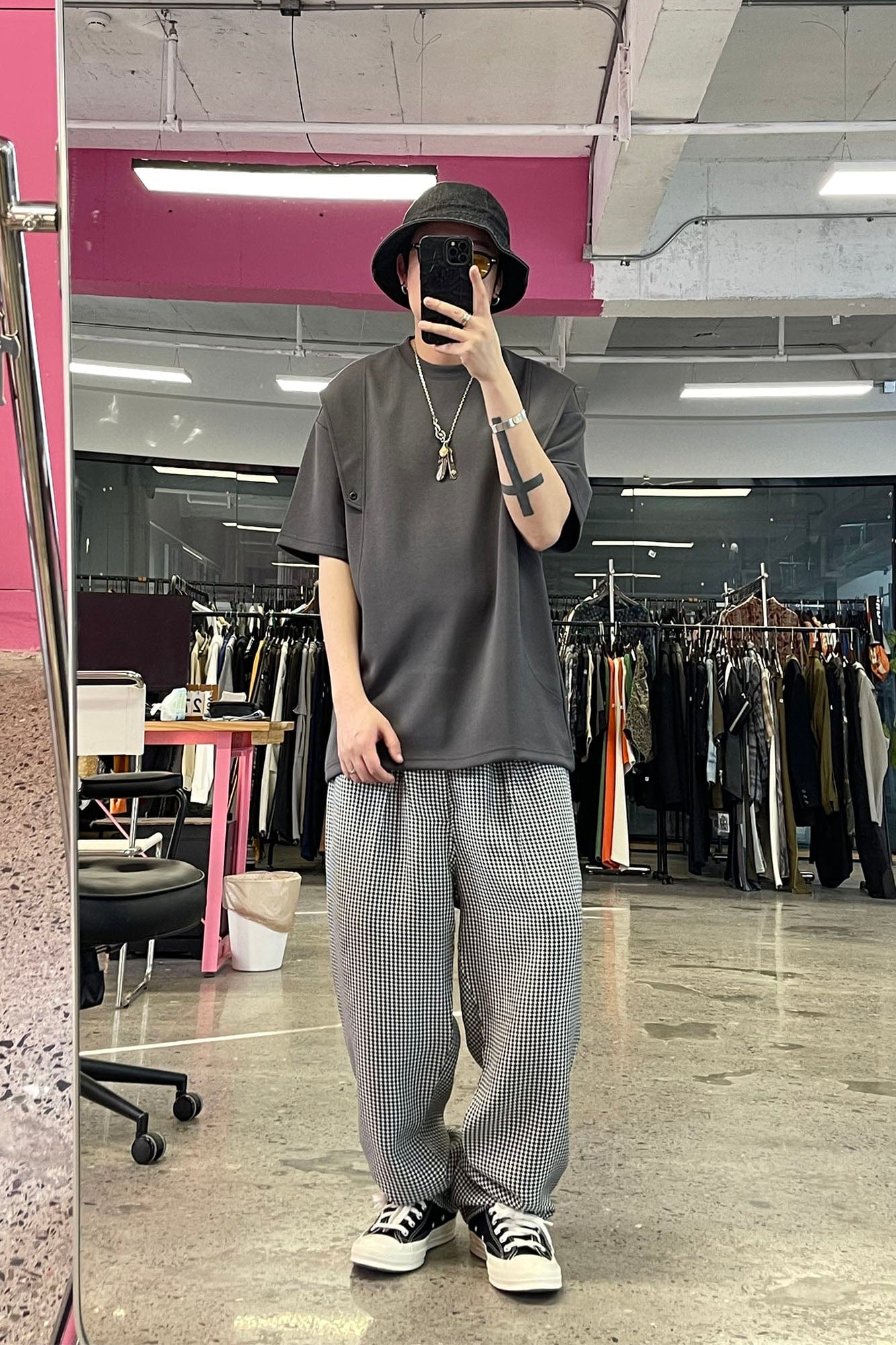 ME DA IGUAL Elastic Waist Houndstooth Tapered Trousers-Pants-M-Free Shipping Leatheretro