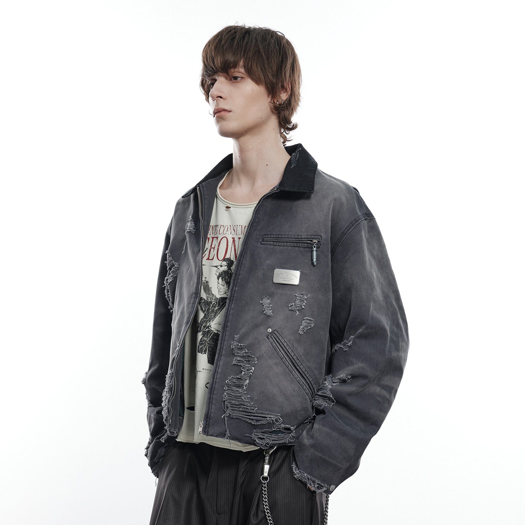 FACEONLAB Raw-Edge Ripped Rivet Metal Emblem Jacket Grey-Jacket-M-Free Shipping Leatheretro