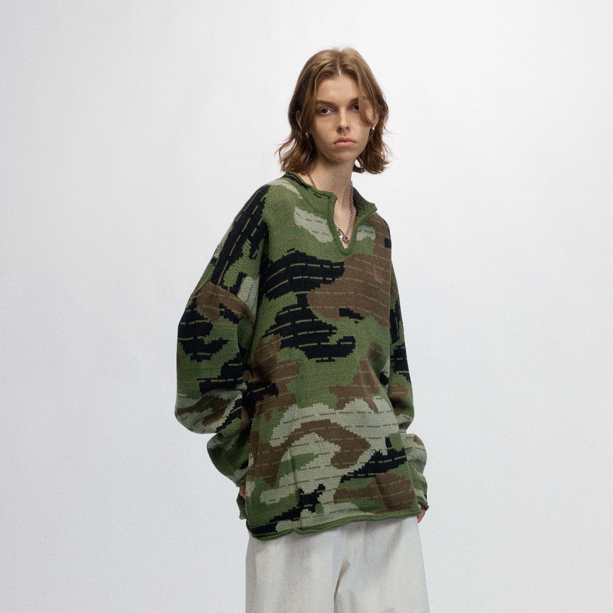 OVDY Modern Camo Stripe V-Neck Sweater-Sweater-S-Green-Free Shipping Leatheretro