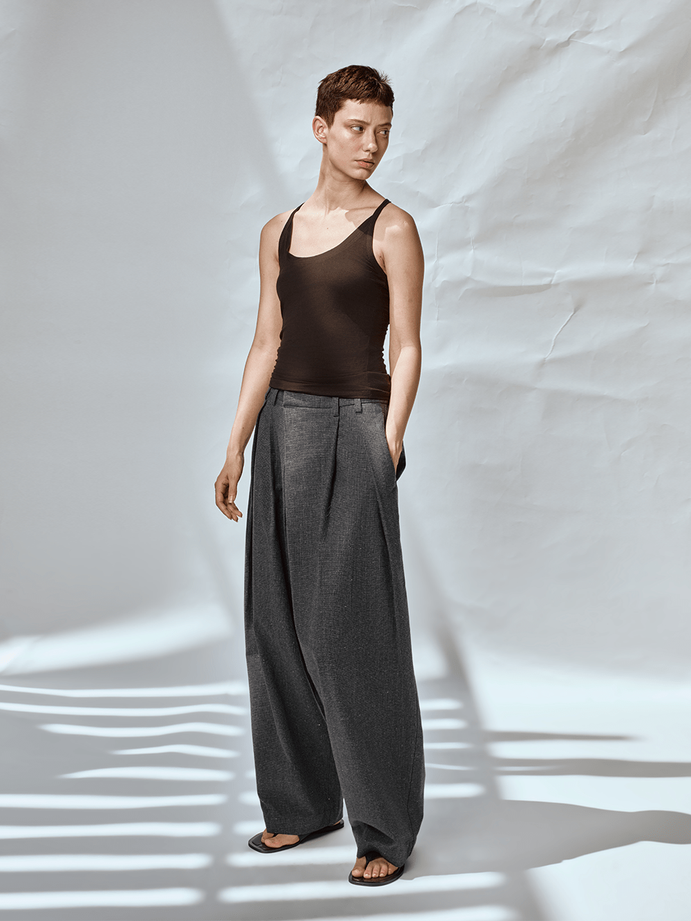 OPICLOTH Asymmetric Pleated Linen-Blend Micro Check Pants-Pants-XS-Free Shipping Leatheretro