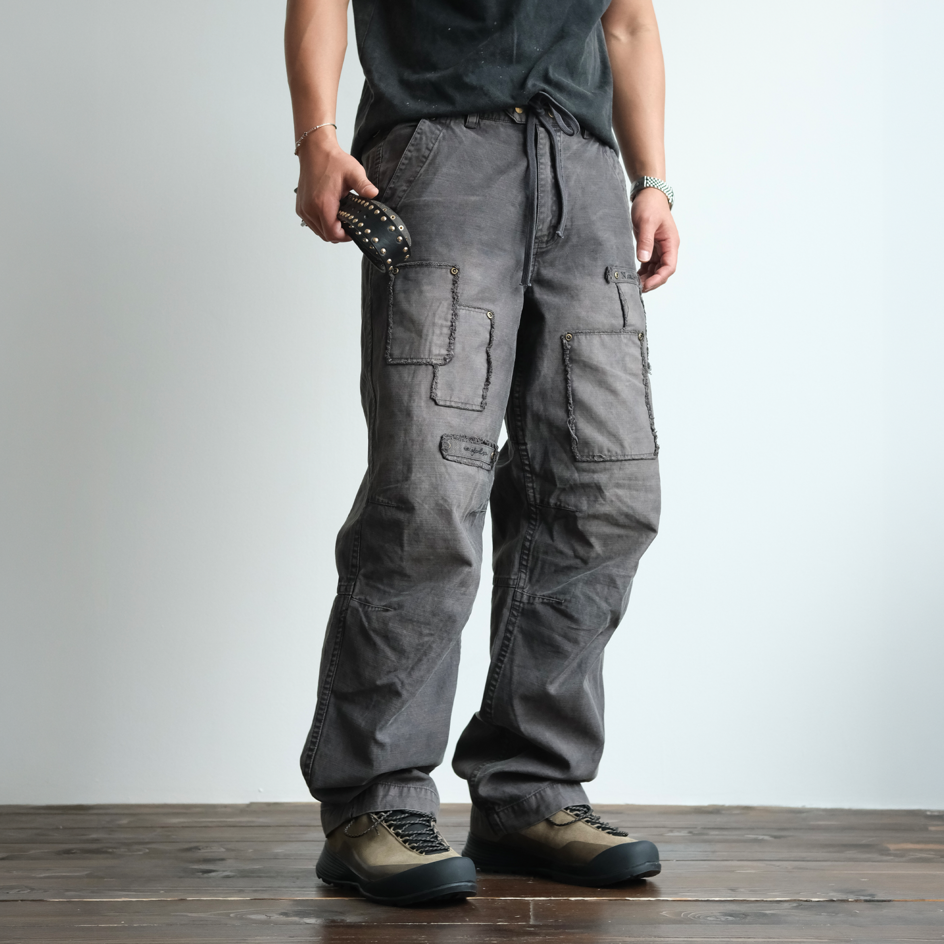 NEIGBORL Retro Washed Distressed Patch Cargo Pants-Pants-S-Free Shipping Leatheretro