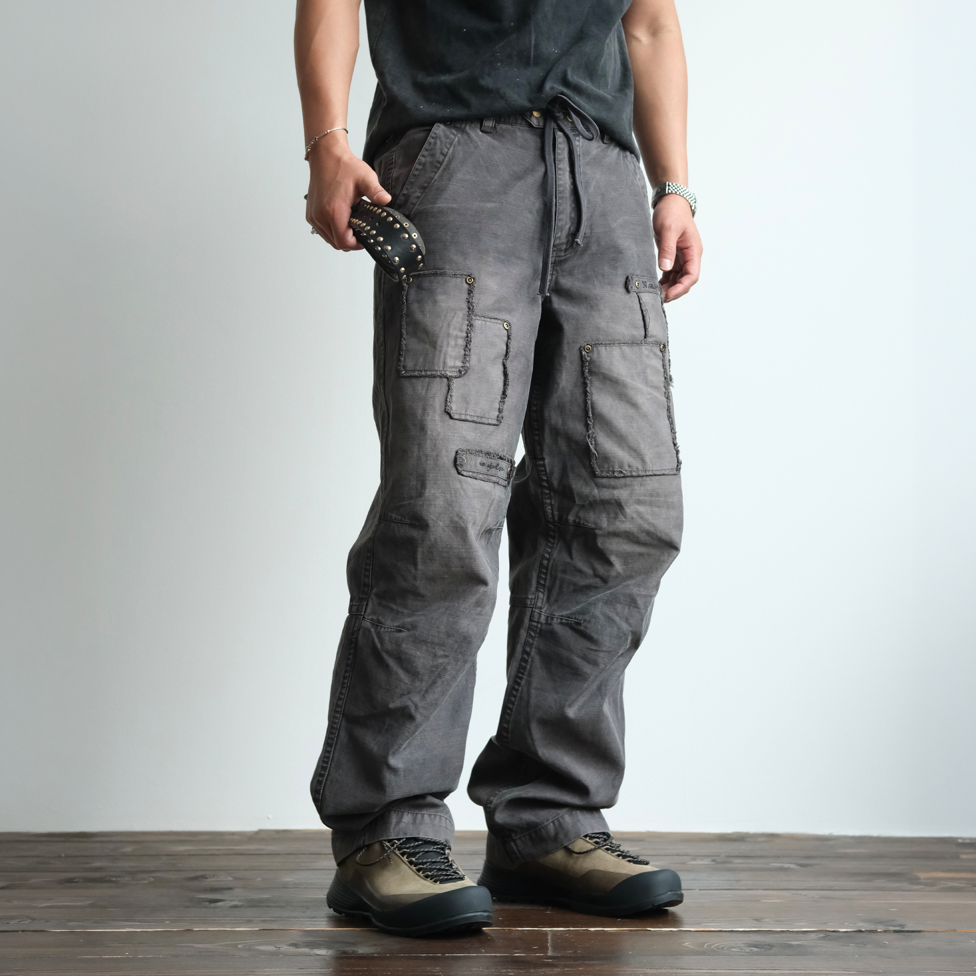 NEIGBORL Retro Washed Distressed Patch Cargo Pants-Pants-S-Free Shipping Leatheretro