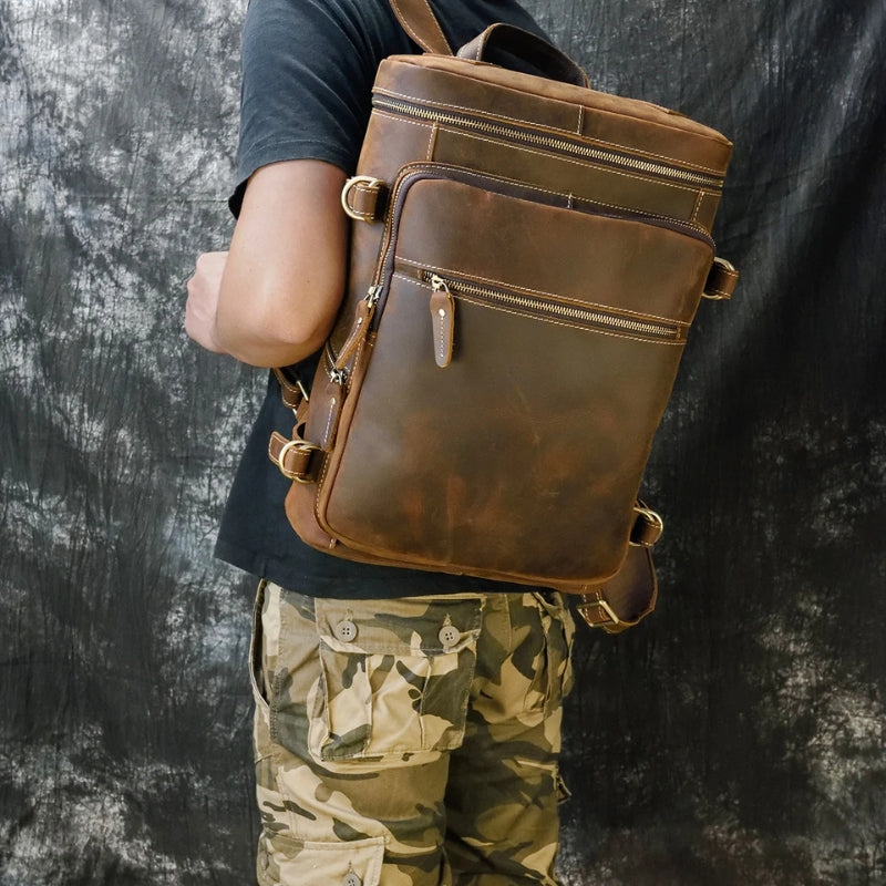 Vintage Crazy Horse Genuine Leather Backpack - Laptop Rucksack Student Bag-Backpacks-Brown-Free Shipping Leatheretro