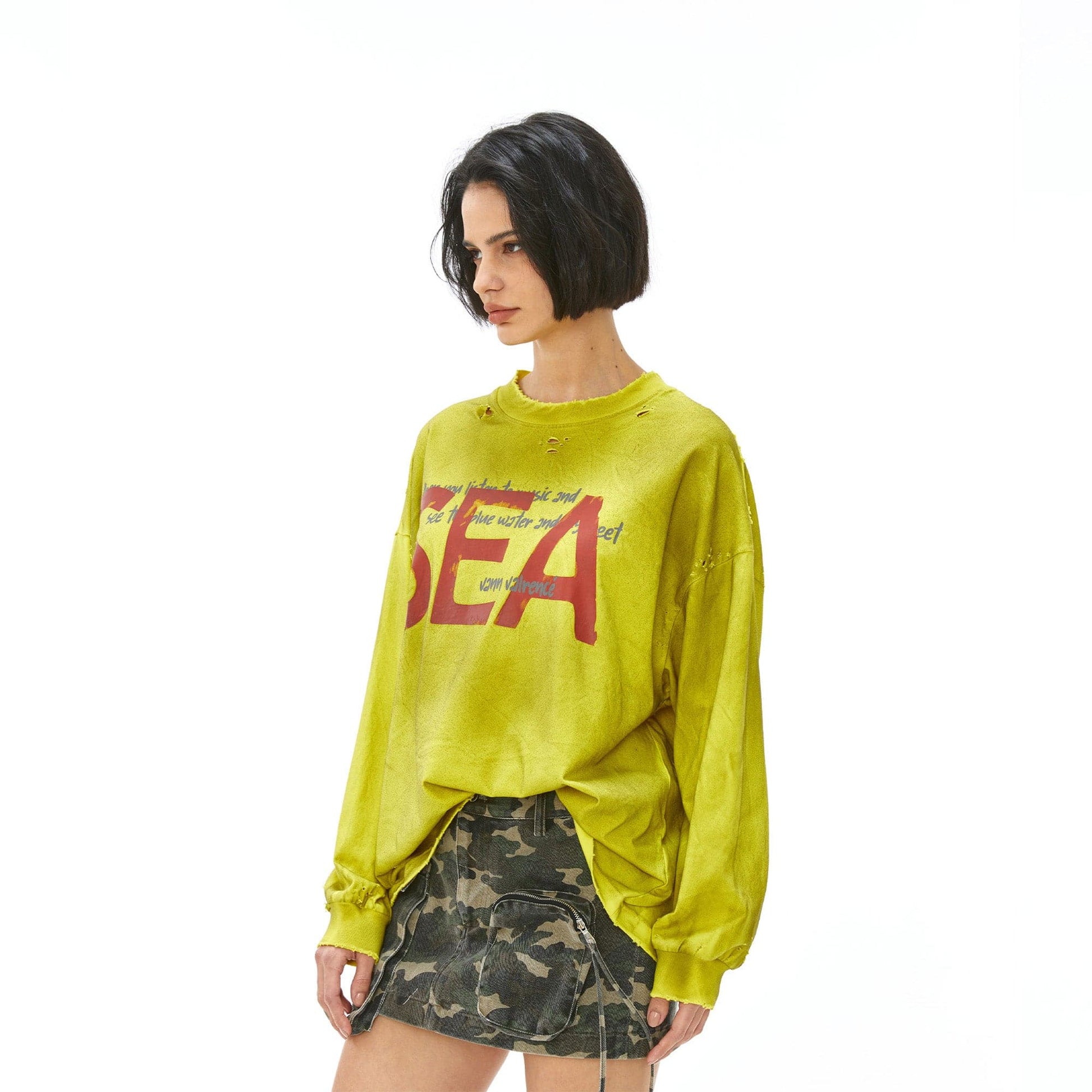 VANN VALRENCE Distressed Contrast Graphic Long-Sleeve Tee-L/S Tee-S-Free Shipping Leatheretro