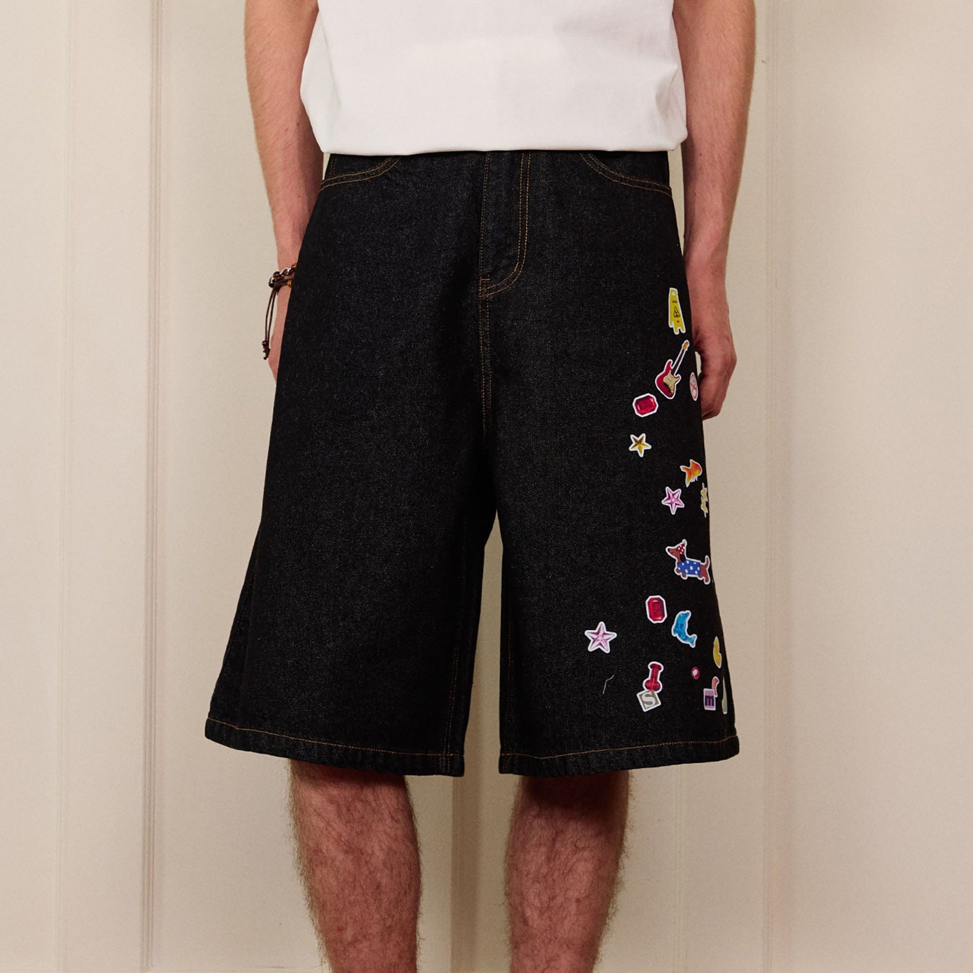 DONSMOKE Whimsical Stickers Washed Raw-Edge Shorts-Shorts-S-Blue-Free Shipping Leatheretro