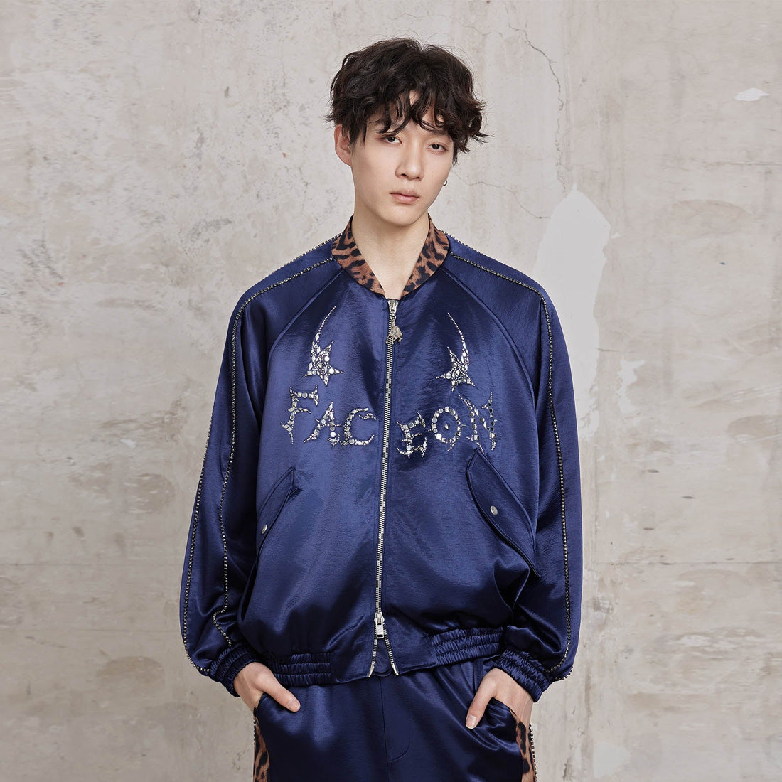 FACEONLAB Rivet Diamond Satin Leopard-Collar Jacket-Jacket-M-Blue-Free Shipping Leatheretro