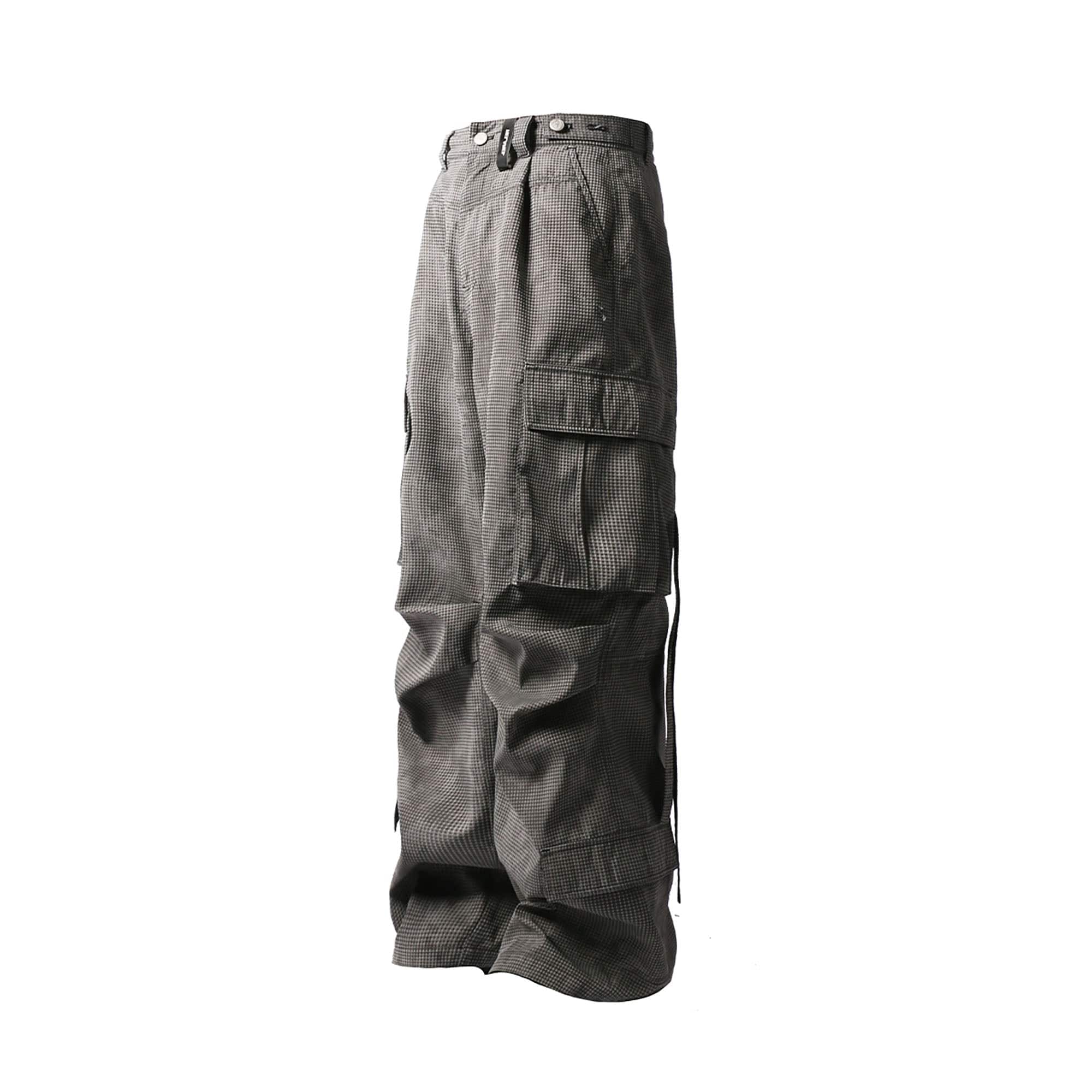 RELABEL Mini Checker Multi-Pocket Strap Pleated Cargo Pants Dark Gray-Pants-XS-Free Shipping Leatheretro